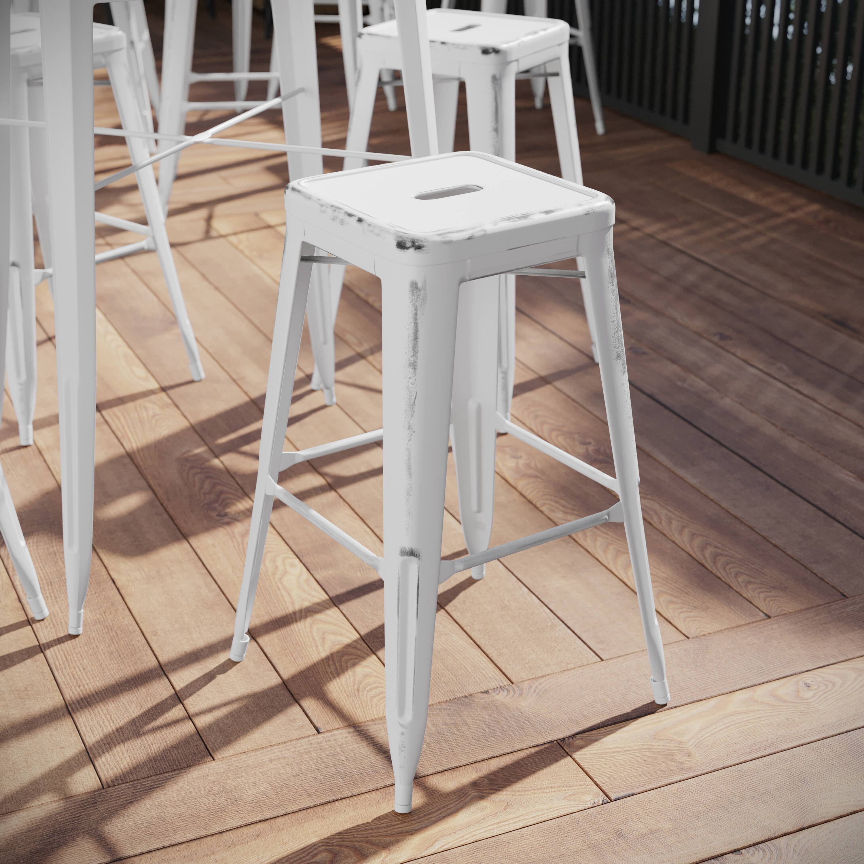 Angle. Flash Furniture - Kai Commercial Grade 30" High Backless Distressed White Metal Indoor-Outdoor Barstool - White.