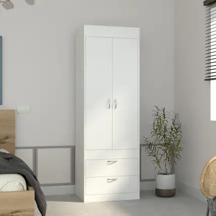 Front. TinyHomie - Armoire 70Hin Double Door Cabinet Two Drawers Metal Handles Rod White - White.