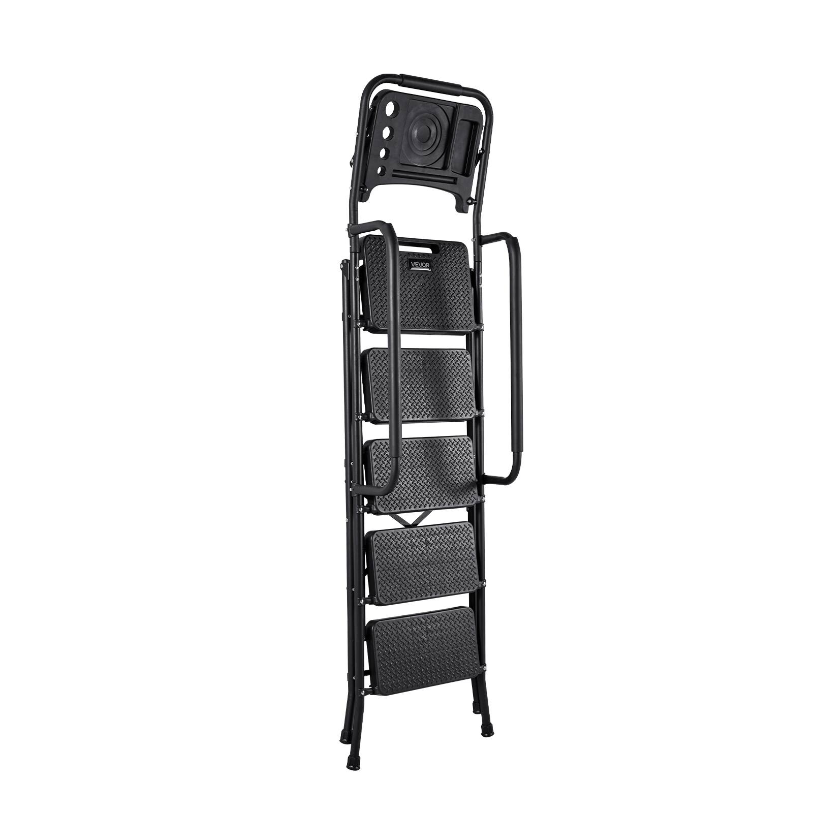Alt View 5. VEVOR - 5 Step Ladder, Folding Step Stool with Wide Anti-Slip Pedal, Tool Tray, Dual Side Handrails, 600 lbs Capacity - Black.