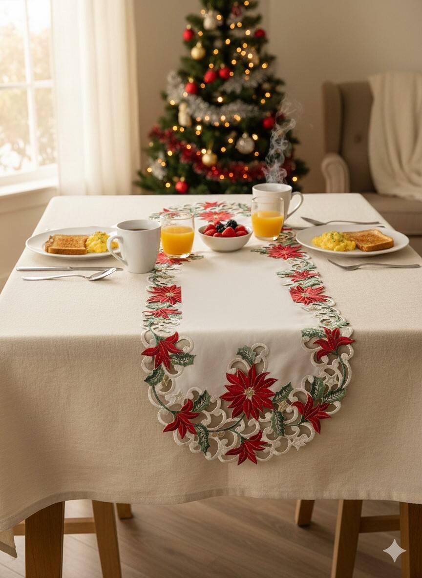 Back. Jiallo - Christmas Poinsettia Embroidered Cutwork Rectangular Table Runner, 13 by 27 inch Table Linen - Beige.