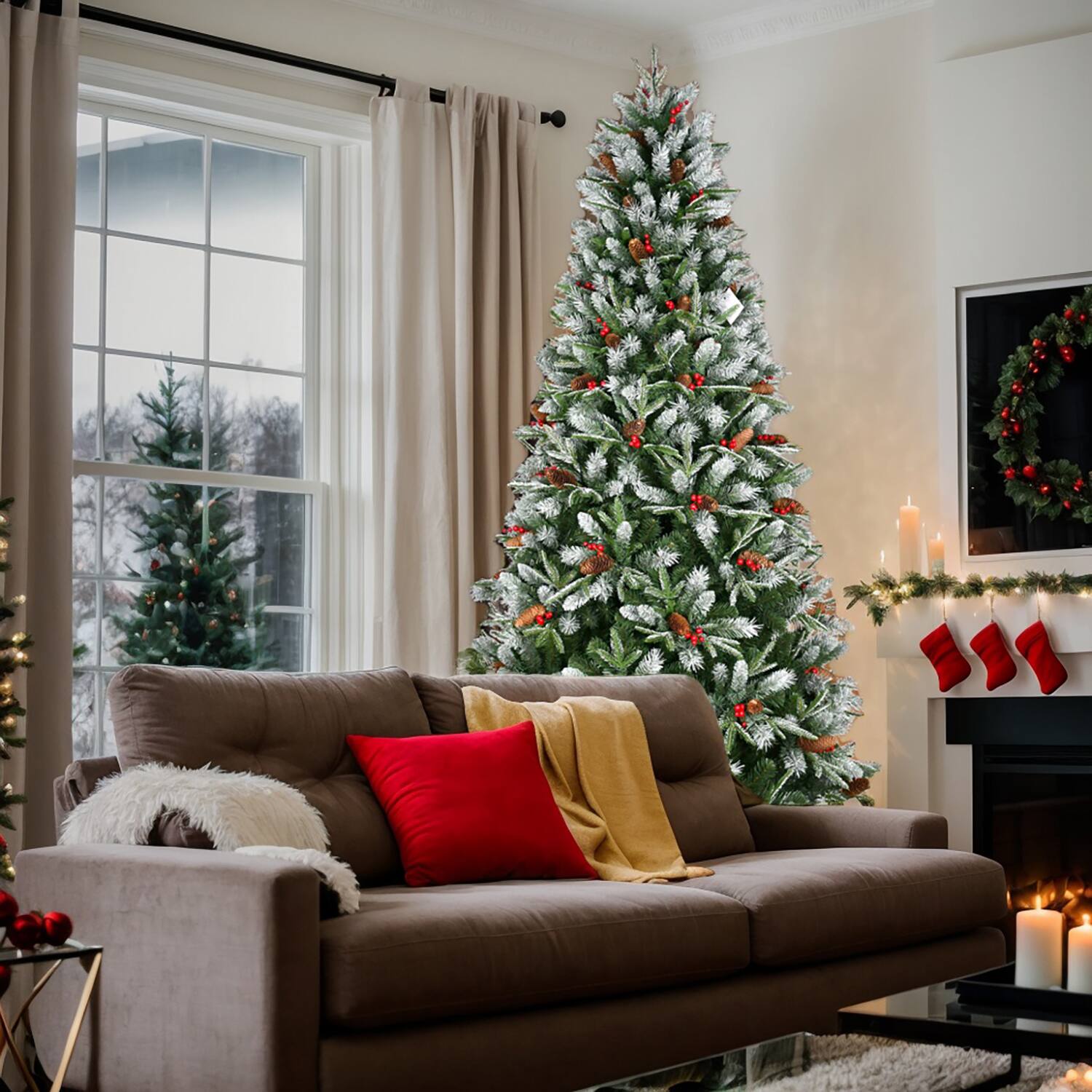 Front. Resenkos - Resenkos Artificial 5ft Green Christmas Tree with 1113PE/PVC Mixed Branch Tips,Red fruit and Pine cone,Hinged Premium - Green.