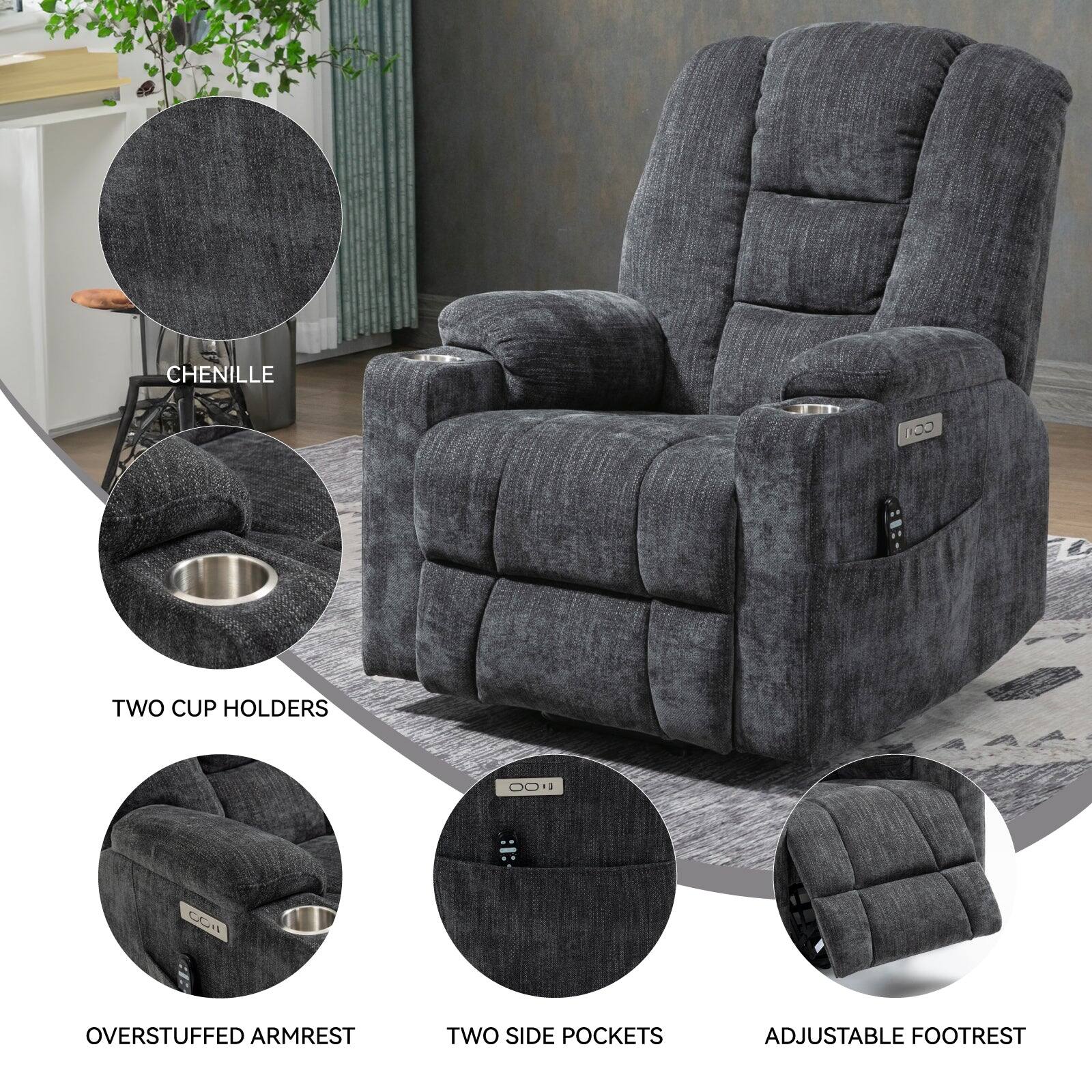 CHENILLE 100, TWO CUP HOLDERS, OVERSTUFFED ARMREST, TWO SIDE POCKETS, ADJUSTABLE FOOTREST