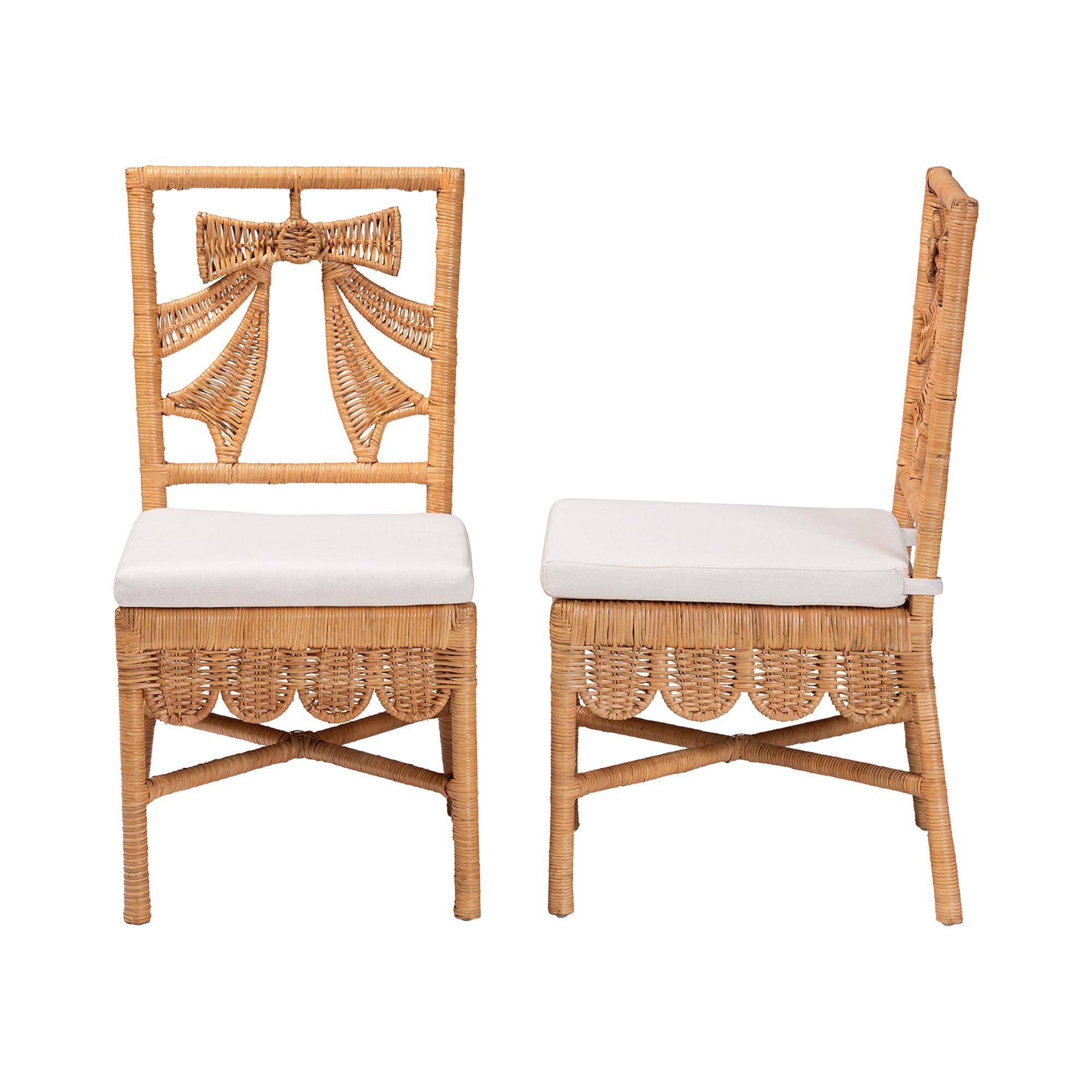 Left. bali & pari - Abia Natural Rattan 2-Piece Dining Chair Set - Handwoven Wicker Accent Side Chair with Bow and Ribbon Design - Light Honey.