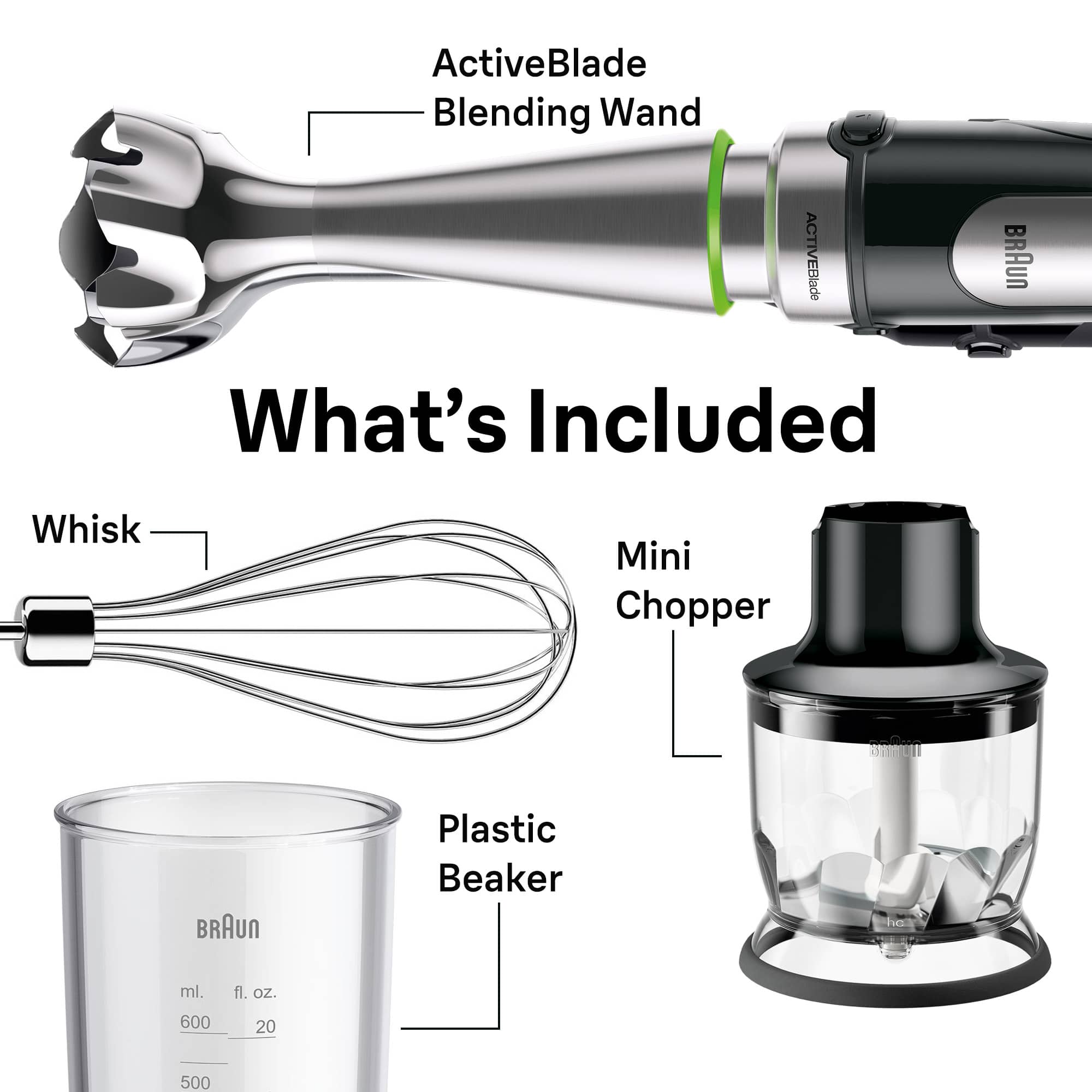 ActiveBlade Blending Wand, Whisk, Mini Chopper, Plastic Beaker, What's Included, ml. fl. oz. 600 20 500