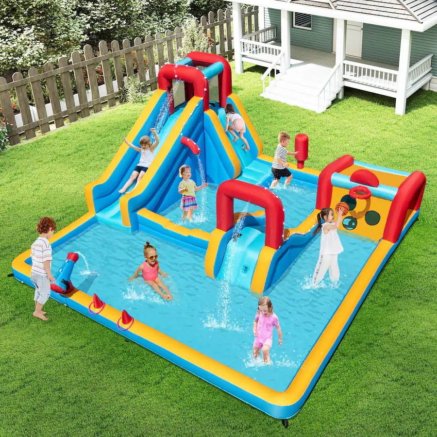 Costway Inflatable Water Park with Climbing Wall Boxing Post Basketball ...