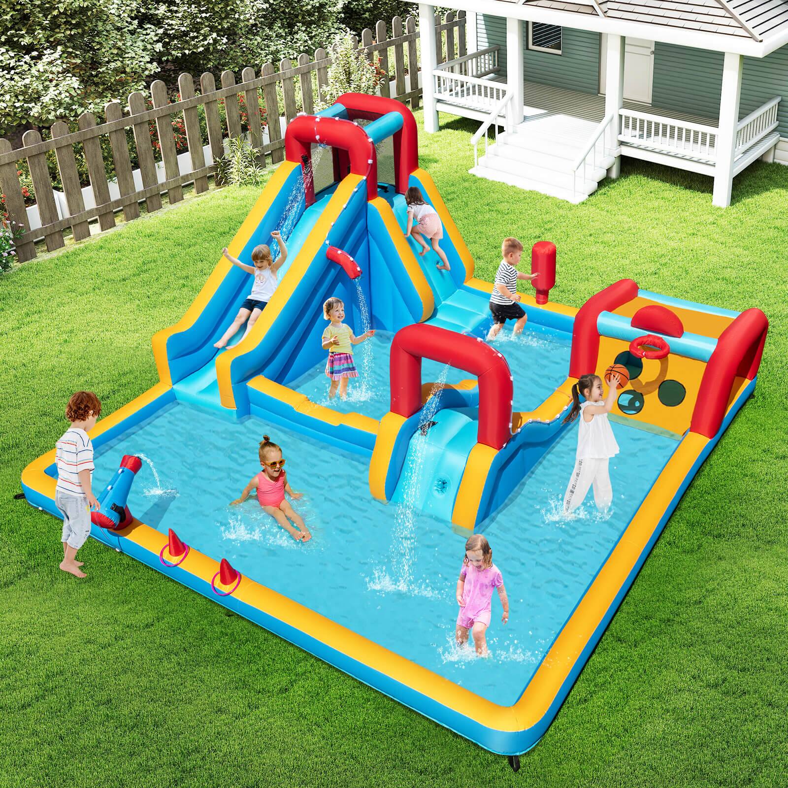 Costway Inflatable Water Park with Climbing Wall Boxing Post Basketball ...