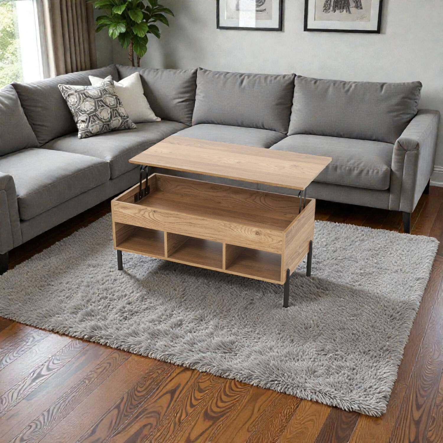 Front. Hivvago - Contemporary Lift-Top Table with Metal Support Legs - Natural.