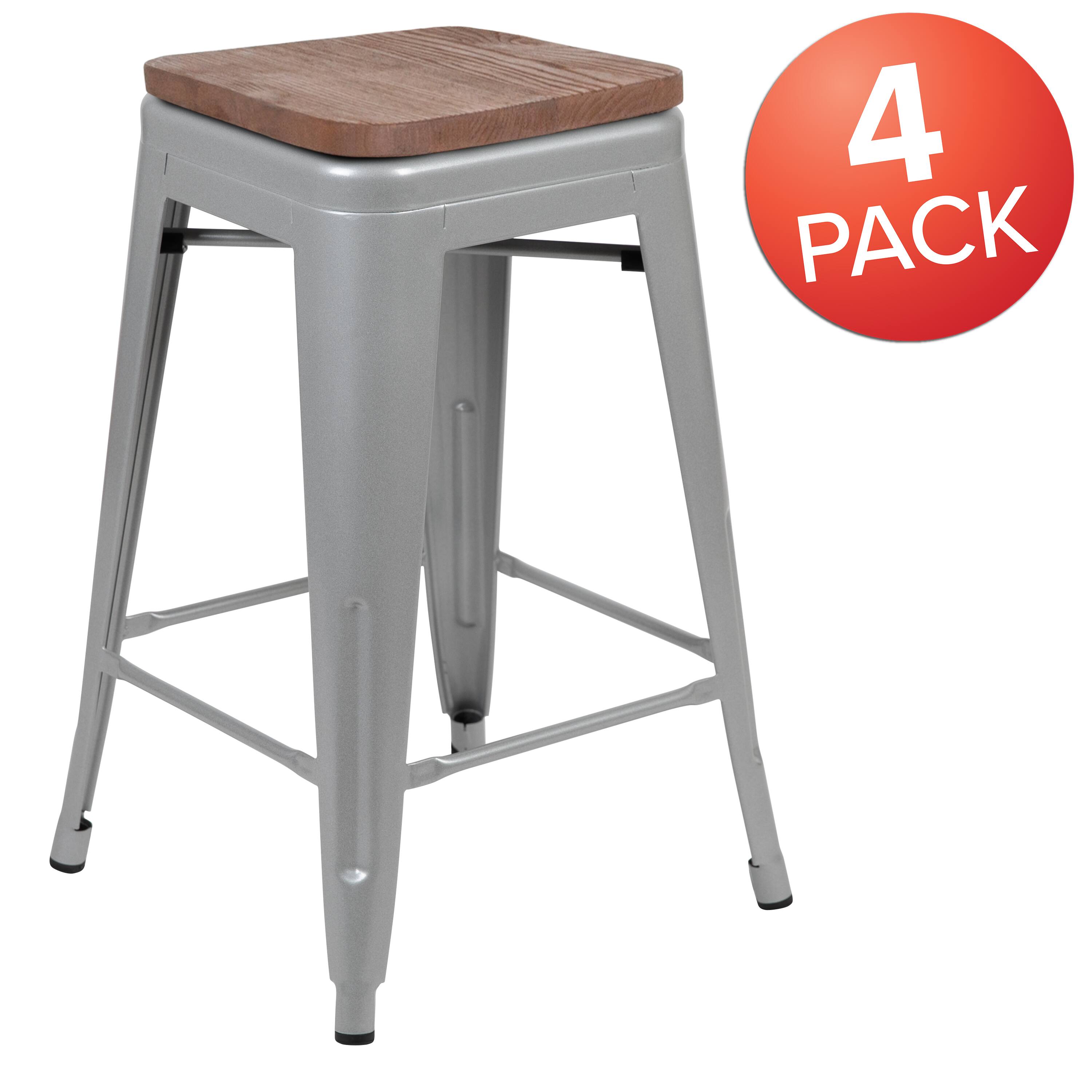 Alt View 2. Emma + Oliver - 24" High Metal Counter-Height, Indoor Bar Stool with Wood Seat - Stackable Set of 4 - Silver.