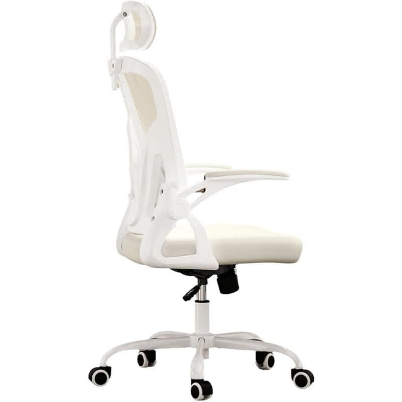 HTUTWOO - Ergonomic Office Chair with Adjustable Lumbar Support & Headrest, Space-Saving Flip-Up Armrests for Home Office,Gaming - White