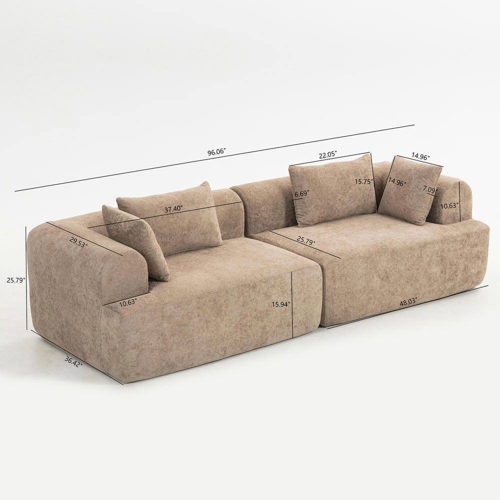 Sure, here is the corrected and grouped text from the image:

- **Overall Dimensions:**
  - Length: 96.06"
  - Width: 22.05"
  - Height: 37.40"

- **Seat Dimensions:**
  - Width: 25.79"
  - Depth: 25.79"
  - Height: 15.94"

- **Backrest Dimensions:**
  - Height: 37.40"
  - Width: 22.05"

- **Armrest Dimensions:**
  - Height: 14.96"
  - Width: 14.96"

- **Cushion Dimensions:**
  - Width: 15.75"
  - Depth: 14.96"
  - Height: 7.09"

- **Seat Cushion Dimensions:**
  - Width: 10.63"
  - Depth: 10.63"

- **Armrest Cushion Dimensions:**
  - Width: 10.63"
  - Depth: 10.63"

- **Leg Dimensions:**
