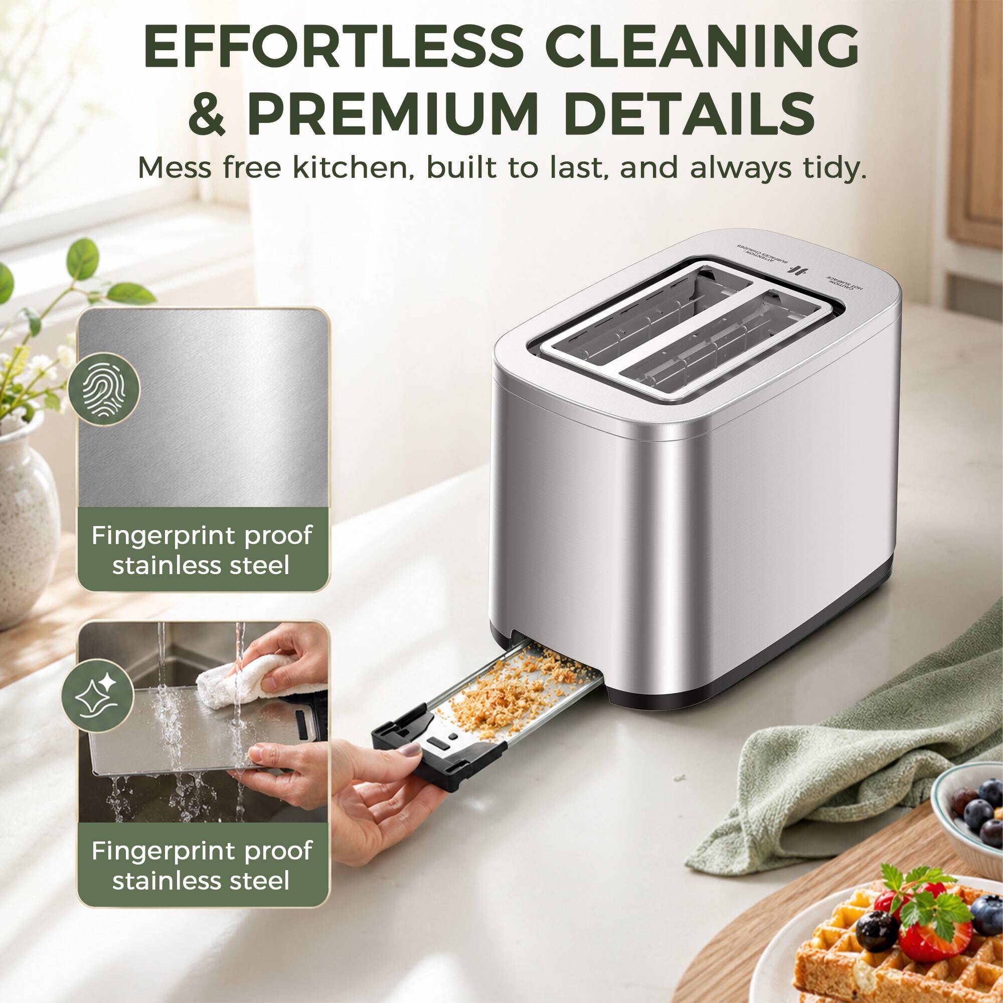 EFFORTLESS CLEANING & PREMIUM DETAILS  
Mess free kitchen, built to last, and always tidy.  

Fingerprint proof stainless steel  
Fingerprint proof stainless steel