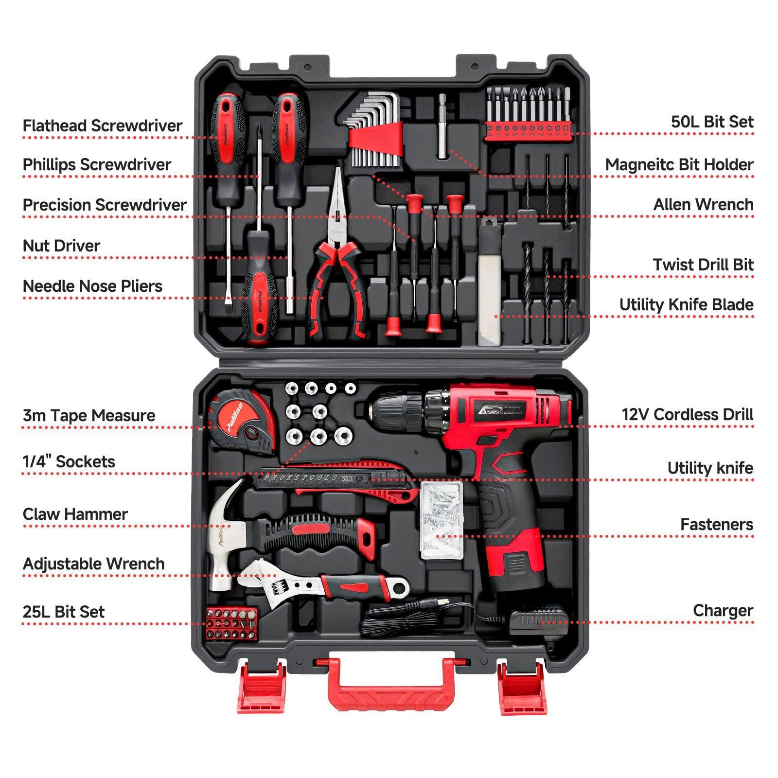 - Flathead Screwdriver
- Phillips Screwdriver
- Precision Screwdriver
- Nut Driver
- Needle Nose Pliers
- 3m Tape Measure
- 1/4" Sockets
- Claw Hammer
- Adjustable Wrench
- 50L Bit Set
- Magnetic Bit Holder
- Allen Wrench
- Twist Drill Bit
- Utility Knife Blade
- 12V Cordless Drill
- Utility Knife
- Fasteners
- 25L Bit Set
- Charger