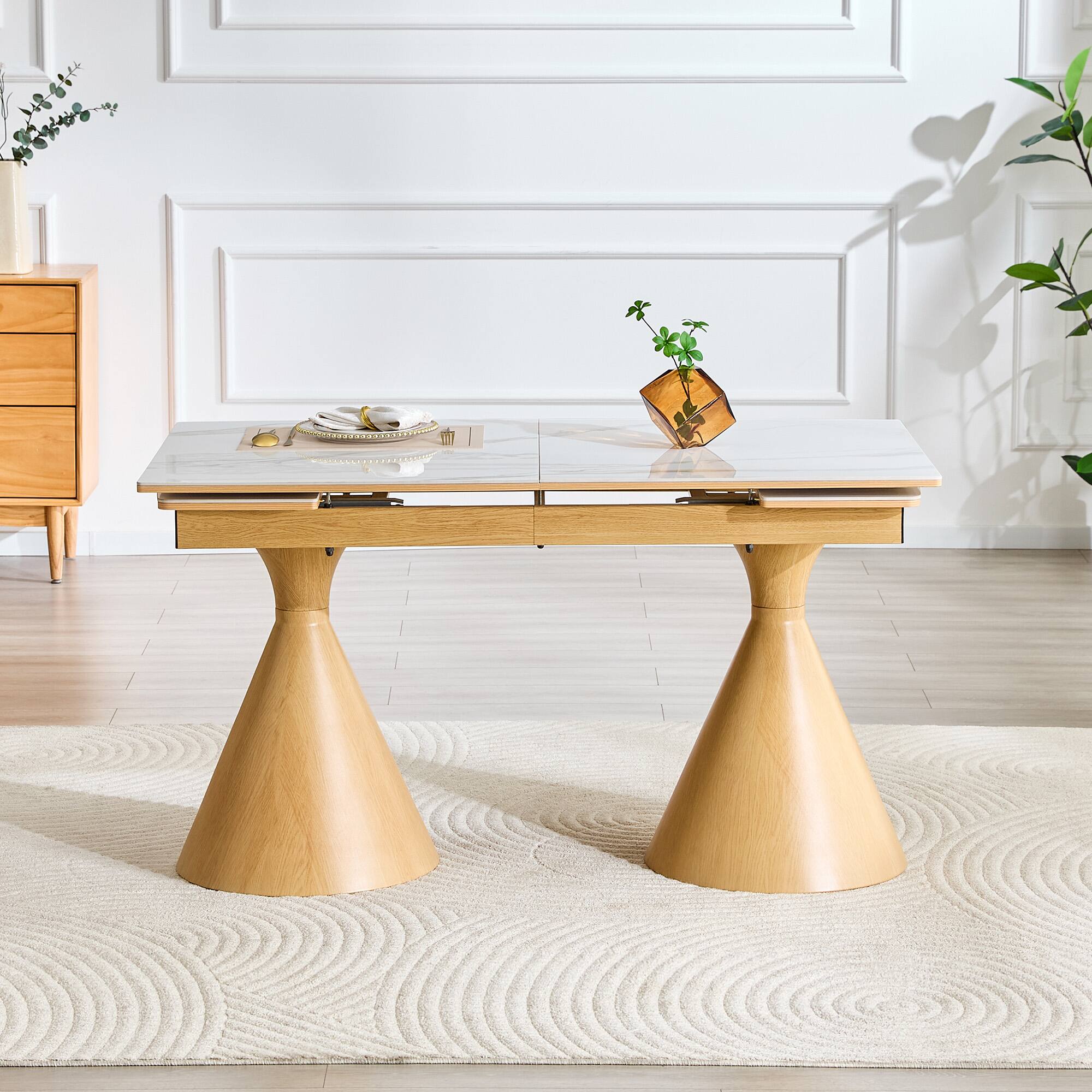 Back. Loheer - Loheer Extendable Dining Table, White Marble Effect Sintered Stone Top, Modern Rectangle for 4 to 8 People - White and wood.