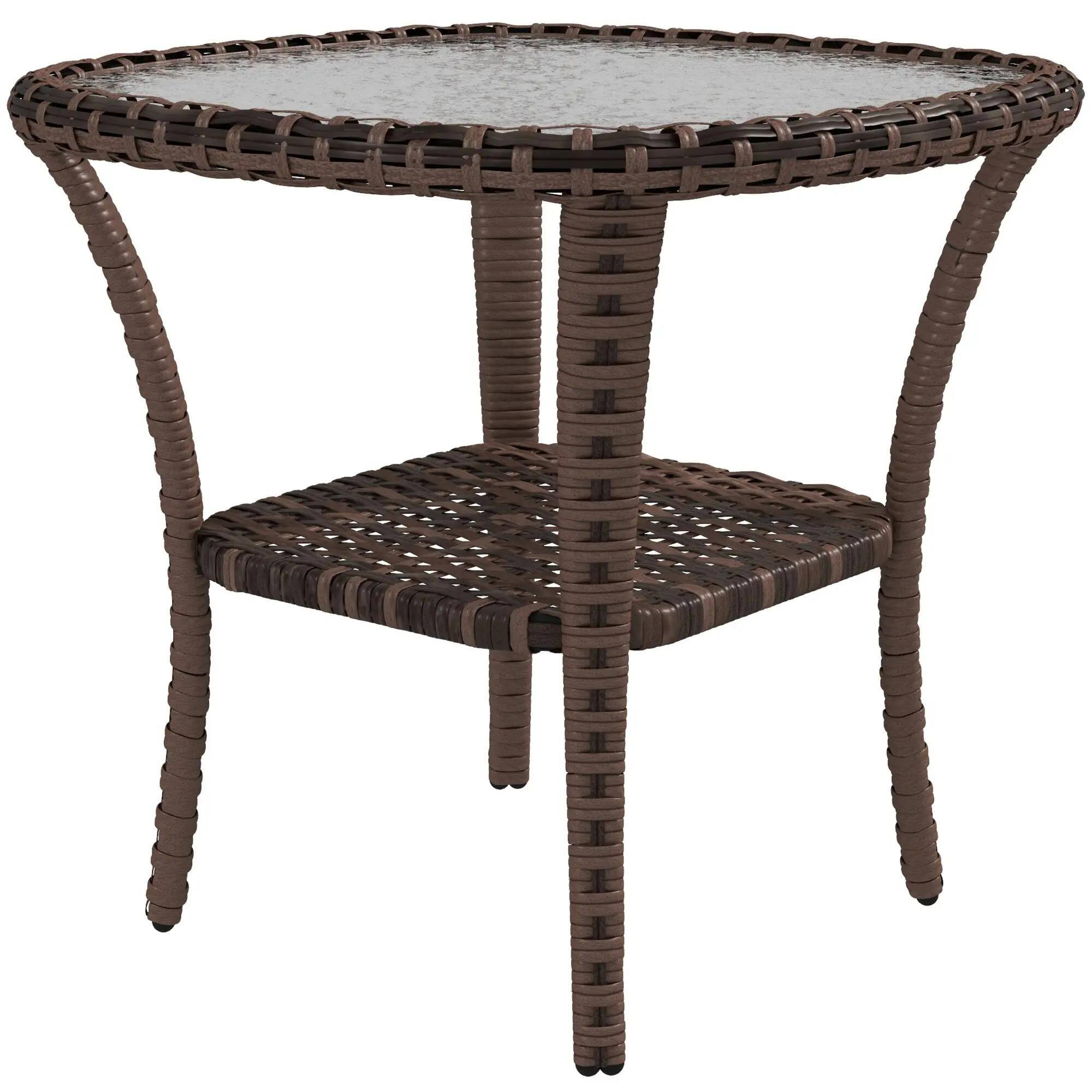 Front. Resenkos - Resenkos Small Rattan Side Table, Storage Shelf, Water-Ripple Glass Tabletop, Outdoor Sectional Furniture, Mixed-Brown - Mixed-Brown.