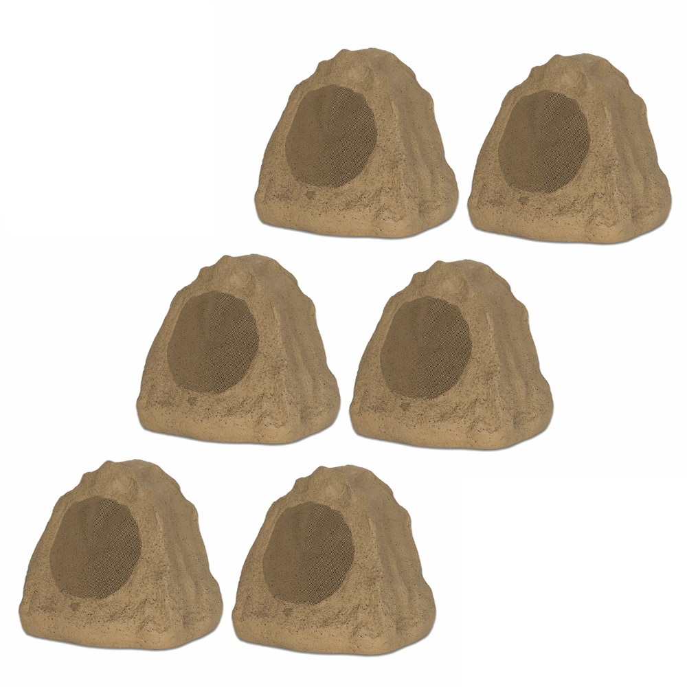 Theater Solutions by Goldwood- 6R6S Outdoor 6.5" Rock 6 Piece Speaker Set for Deck Pool Spa Yard Garden- Sandstone