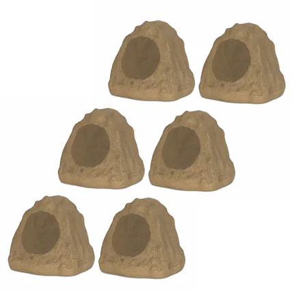 Front. Theater Solutions by Goldwood - 6R6S Outdoor 6.5" Rock 6 Piece Speaker Set for Deck Pool Spa Yard Garden - Sandstone.