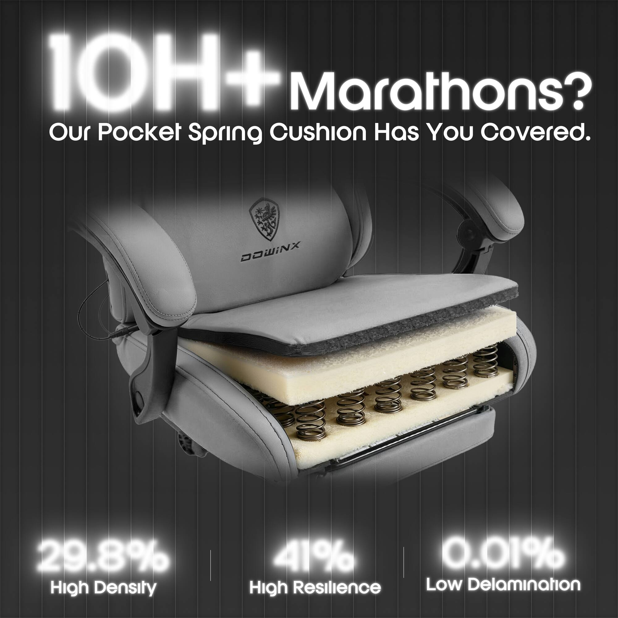 10H+ Marathons?  
Our Pocket Spring Cushion Has You Covered.  

DOWINX  

29.8% High Density  
41% High Resilience  
0.01% Low Delamination