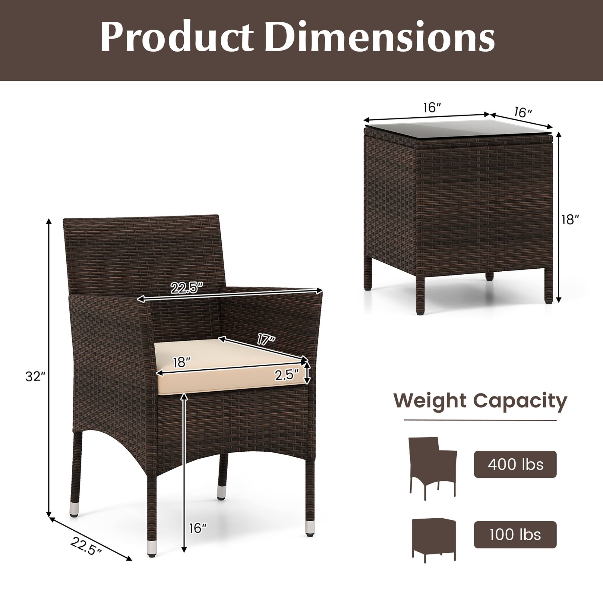 Product Dimensions  
- Chair: 32" (height) x 22.5" (width) x 16" (depth) x 18" (seat height) x 2.5" (seat thickness) x 17" (armrest width)  
- Table: 16" (width) x 16" (depth) x 18" (height)  

Weight Capacity  
- Chair: 400 lbs  
- Table: 100 lbs
