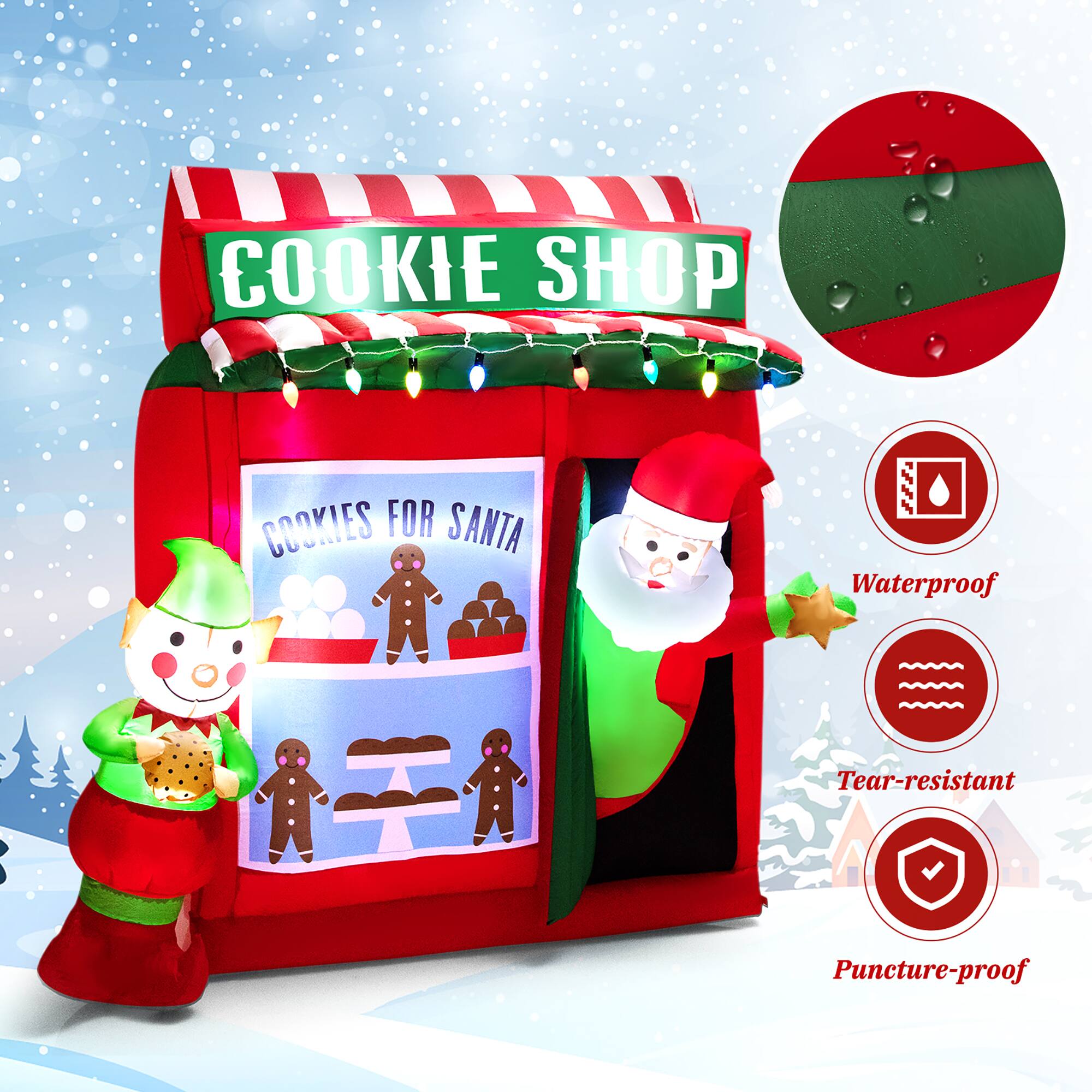The text on the image is grouped as follows:

1. COOKIE SHOP: This is a sign that reads "Cookie Shop."
2. COOKIES FOR SANTA: This is a sign that reads "Cookies for Santa."
3. Waterproof: This is a sign that reads "Waterproof."
4. Tear-resistant: This is a sign that reads "Tear-resistant."
5. Puncture-proof: This is a sign that reads "Puncture-proof."