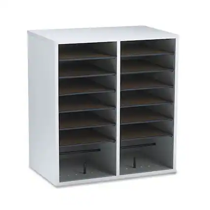 Front. Safco - Safco Wood/Laminate Literature/CD Sorter, 16 Compartments, 19.5 x 11.75 x 21, Gray Wood.