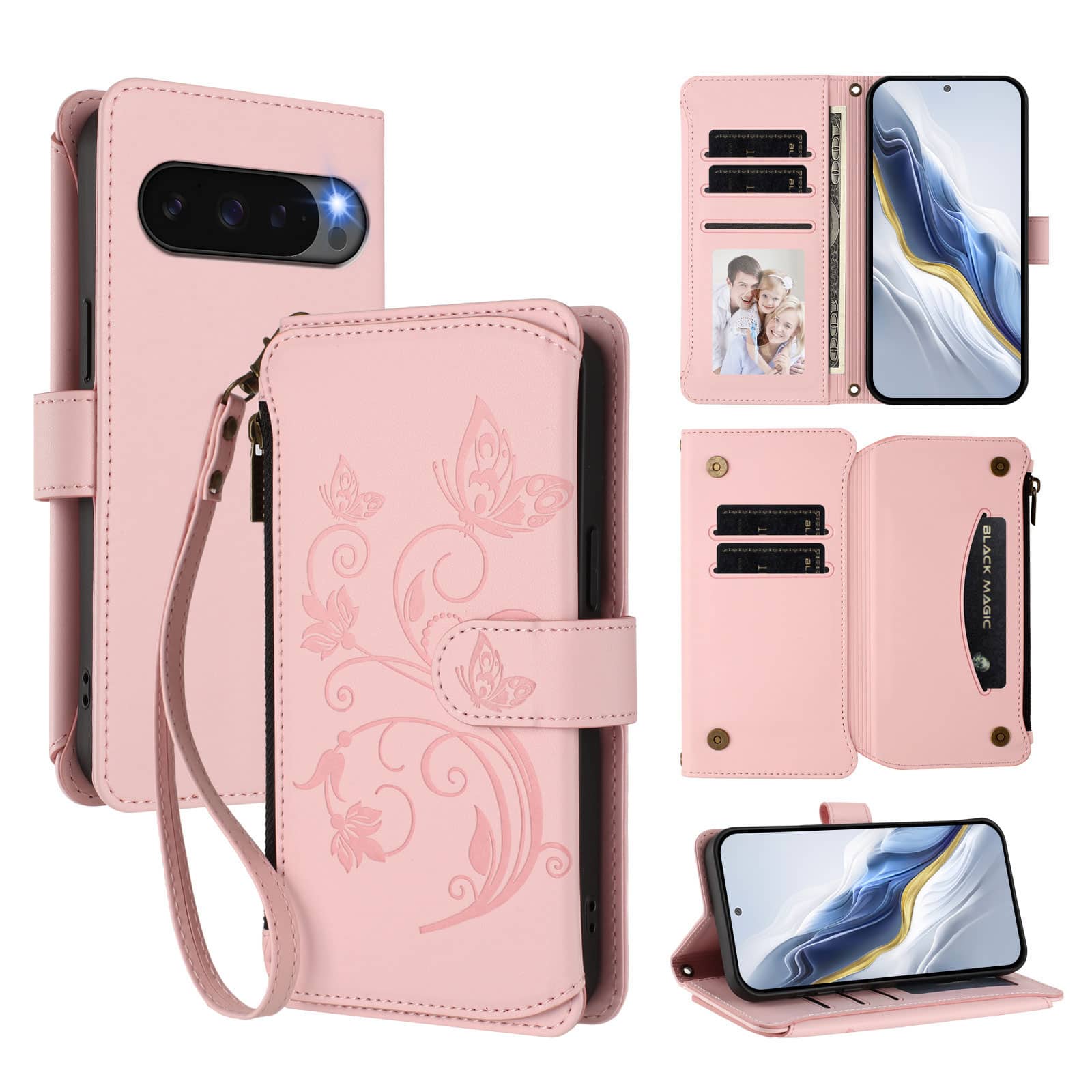 Dteck - Crossbody Wallet Case for Google Pixel 10 Pro XL,Embossed Butterfly Flower Folio Cover with Zipper Pocket+Strap - Pink price history on PriceWatchPro