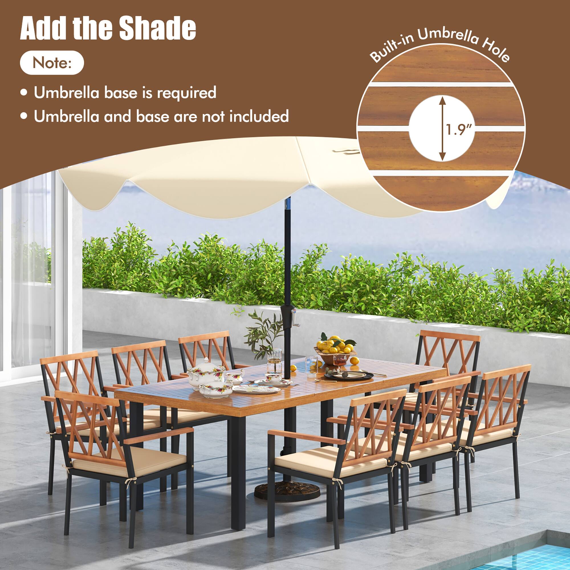 Add the Shade

Note:
Umbrella base is required
Umbrella and base are not included
Built-in Umbrella Hole 1.9"