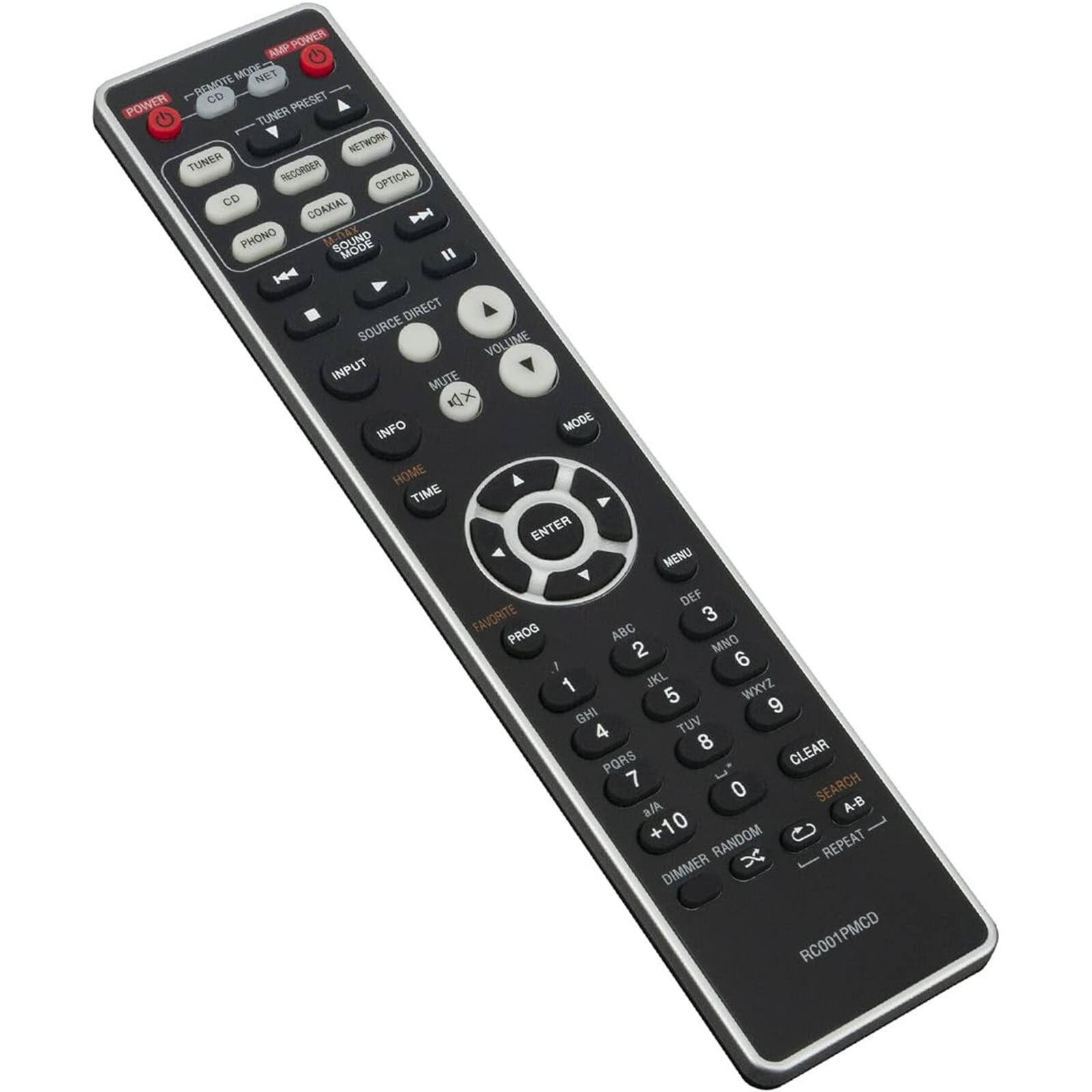 POWER AMP MODE NET DEMOTE CD POWER PRESET TUNER NETWORK TUNER RECORDER OPTICAL CD COAXIAL PHONO BOUN MODE H4 DIRECT SOURCE LIME VO INPUT MUTE X INFO MODE HOME TIME ENTER MENU DEF FAVORITE 3 PROG ABC 2 MNO 6 1 JKL WXYZ 5 9 GHI TUV 4 8 PORS CLEAR 7 3 0 SEARCH A-B a/A +10 RANDOM REPEAT DIMMER RC001PMCD