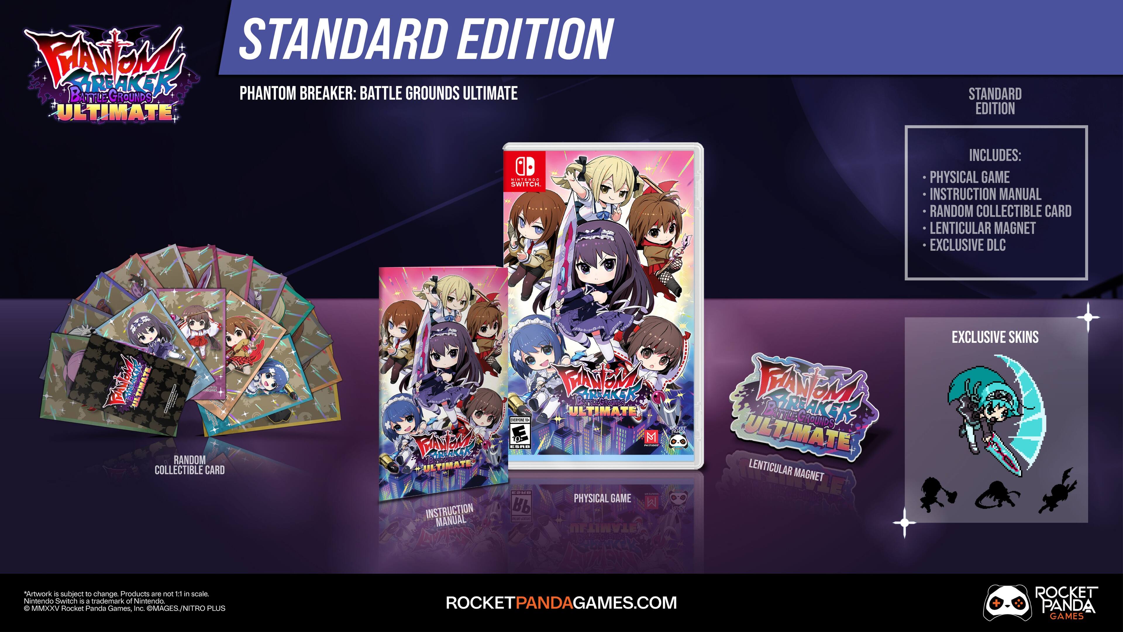 A standard edition of Phantom Breaker: Battle Grounds Ultimate for the Nintendo Switch includes a physical game, instruction manual, random collectible card, lenticular magnet, and exclusive DLC. The game features artwork that is subject to change, and the products are in scale. The Nintendo Switch is a trademark of Nintendo. The image is brought to you by Rocket Panda Games.