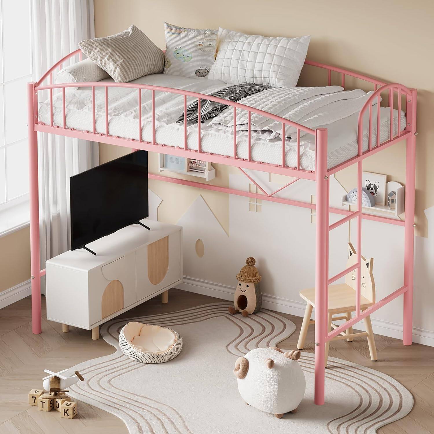 Left. Jojoka - Twin Size Metal Loft Bed Frame with Arched Guardrail, Safety Ladder, Space-Saving, No Box Spring, Pink - Pink.