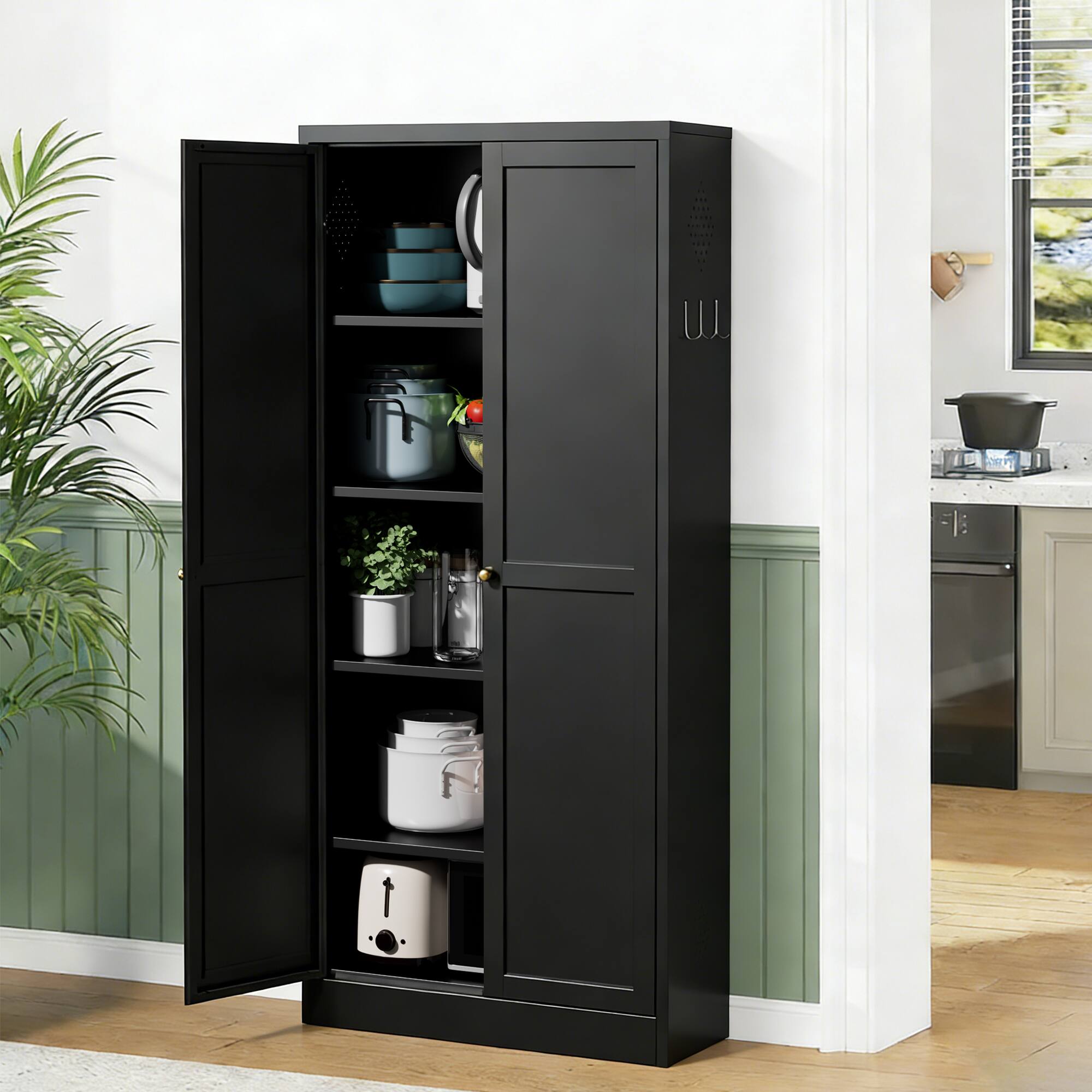 Left. Anysun - Modern Farmhouse Design Space-Saving Slim Freestanding Storage Organizer with Shelves, Assembly Required - Black.