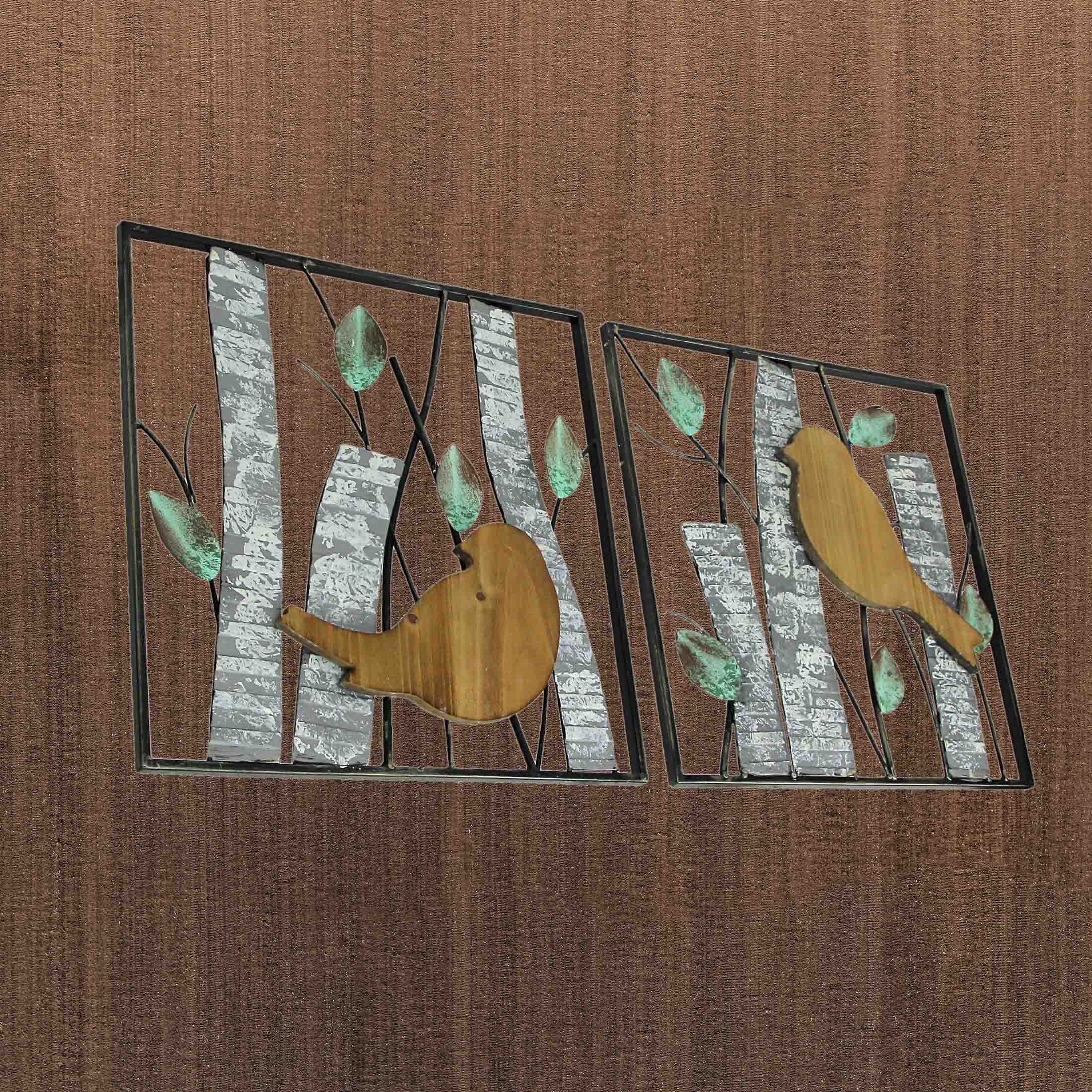 Alt View 5. Zeckos - Set / 2 Rustic Green Wood & Metal Leaf Birds & Branches Wall Sculpture Art Decor - Multicolored.