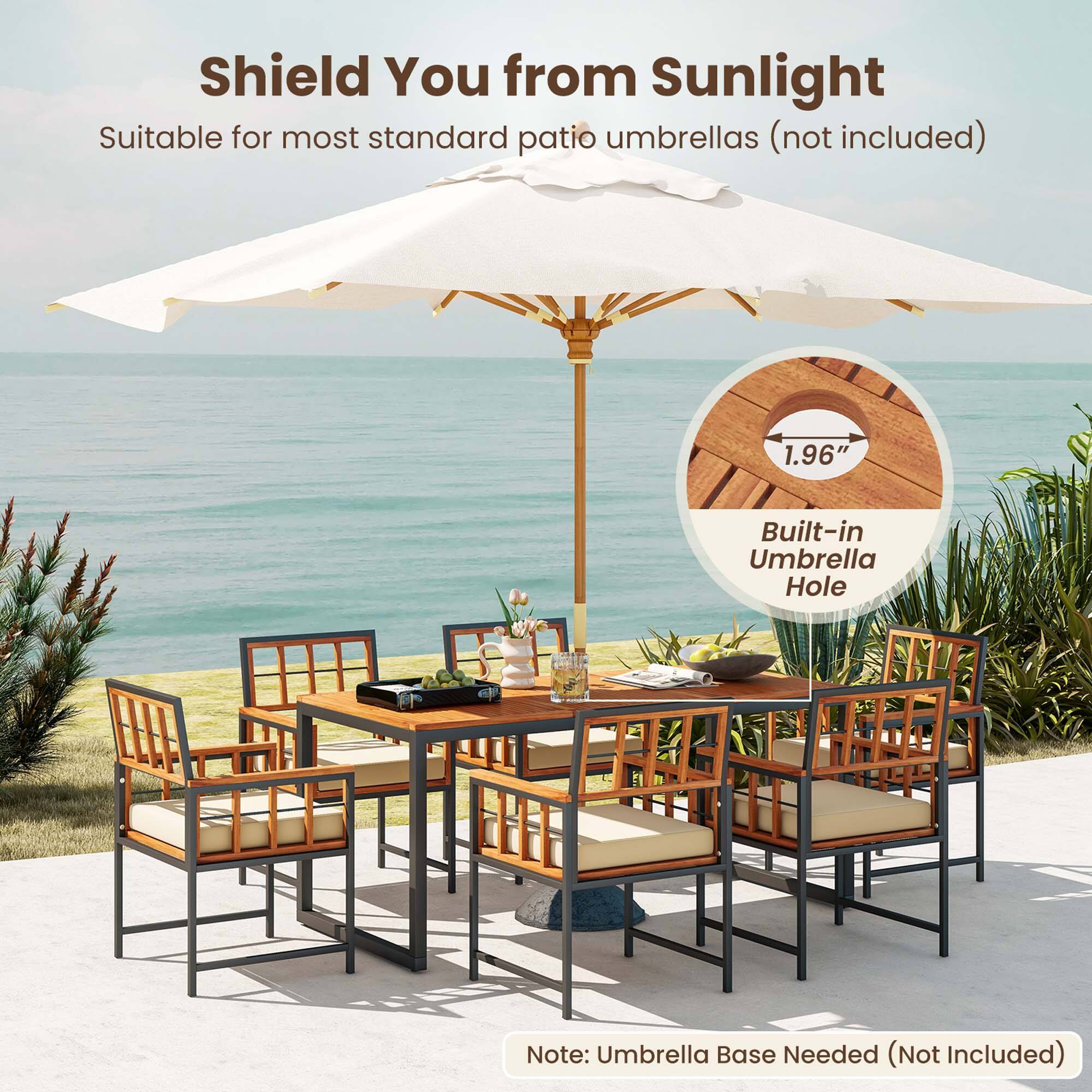 Shield You from Sunlight Suitable for most standard patio umbrellas (not included) 1.96" Built-in Umbrella Hole Note: Umbrella Base Needed (Not Included)