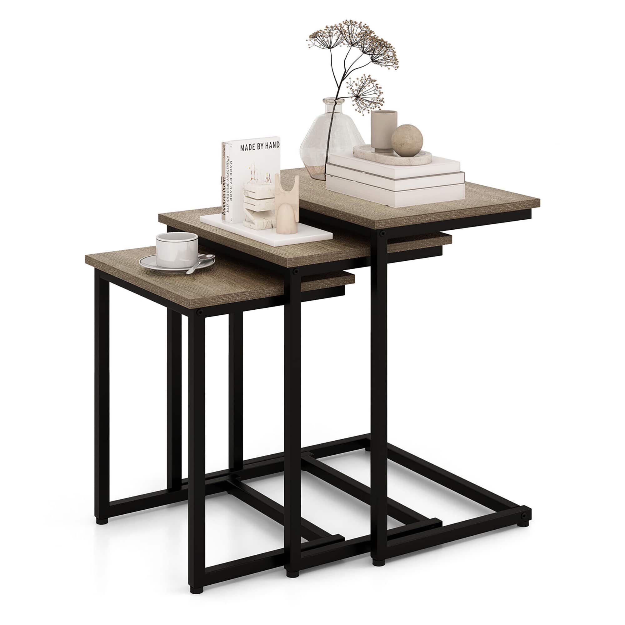 Gymax - 3 Pcs Nesting Coffee End Table Set Stacking Side Nightstand Living Room - Gray