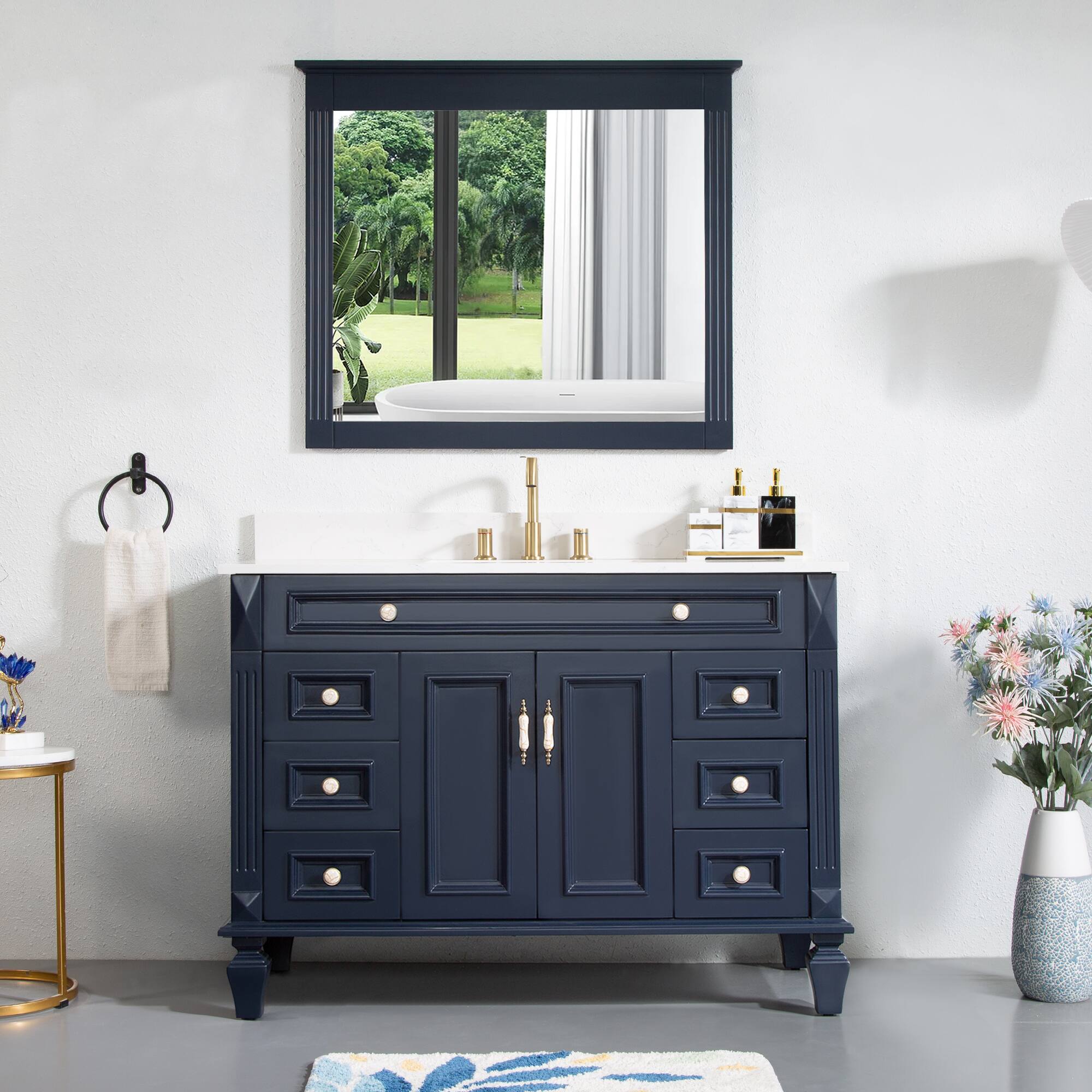 Angle. WELLFOR - ARTWOOD 48 in. Solid Wood Bath Vanity with Quartz Top, Single Sink, Soft Close, Assembled - Navy Blue.