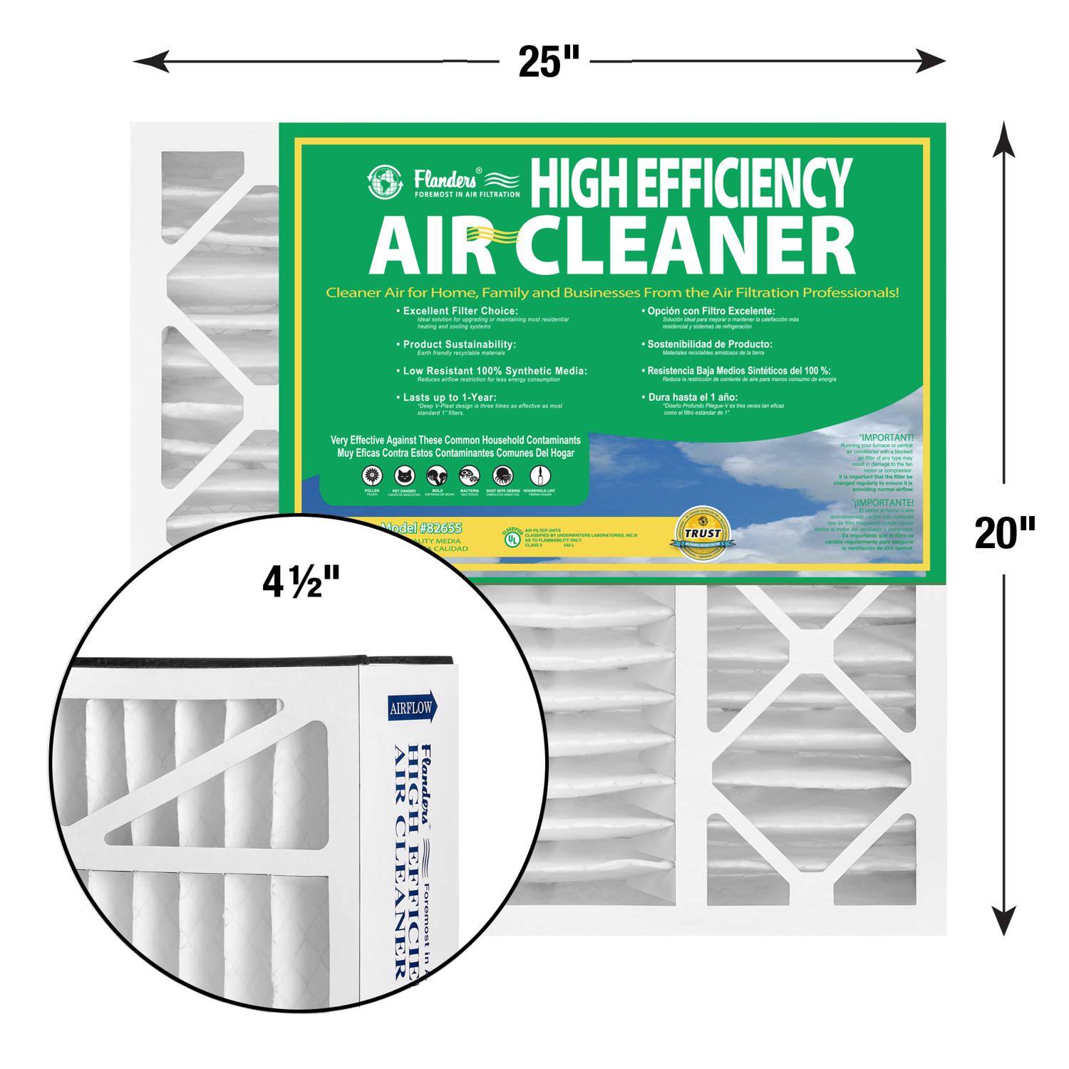 **Flanders High Efficiency Air Cleaner**

**25" x 20" x 4 1/2"**

**Cleaner Air for Home, Family, and Businesses From the Air Filtration Professionals!**

- **Excellent Filter Choice:**
  - **Opcin con Filtro Excelente:**

- **Product Sustainability:**
  - **Sostenibilidad de Producto:**

- **Low Resistance 100% Synthetic Media:**
  - **Resistencia Baja Medios Sinteticos del 100%**

- **Lasts up to 1-Year:**
  - **Dura hasta el 1 año:**

**Very Effective Against These Common Household Contaminants:**
- **Muy Efectivo Contra Estos Contaminantes Comunes De Hogar:**

**Model #82655**

**AIRFLOW**

**Flanders**

**High Efficiency Air Cleaner**

**FOR MOST HVAC SYSTEMS**

**IMPORTANT:**
- **IMPORTANTE:**

**TRUST**