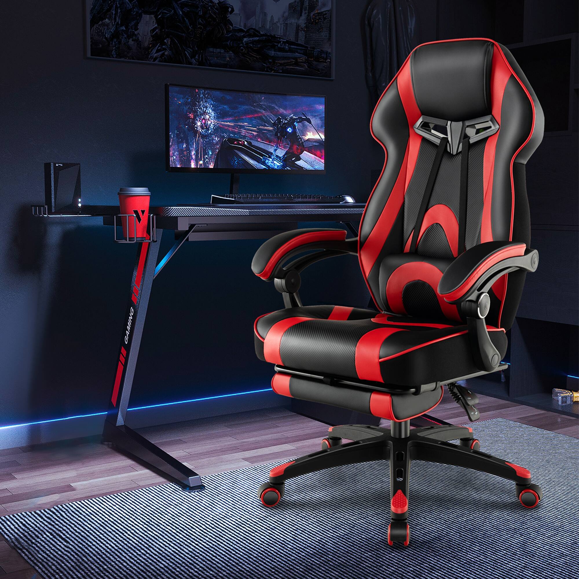 Alt View 2. Costway - Costway Adjustable E-Sports Racing Style Chair with Padded Headrest, Lumbar Support - Black + Red.