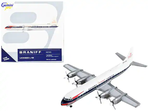 Gemini Jets
BRANIFF
N9709C
LOCKHEED L-188
1:400 SCALE
DIE-CAST MODEL AIRCRAFT
ITEM NO. GJBNF2090
BRANIFF International AIRWAYS
N9709C
Look Inside