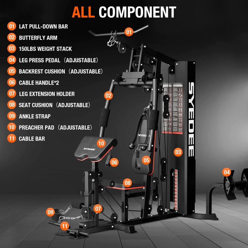 ALL COMPONENT

01 LAT PULL-DOWN BAR  
02 BUTTERFLY ARM  
03 150LBS WEIGHT STACK  
04 LEG PRESS PEDAL (ADJUSTABLE)  
05 BACKREST CUSHION (ADJUSTABLE)  
06 CABLE HANDLE*2  
07 LEG EXTENSION HOLDER  
08 SEAT CUSHION (ADJUSTABLE)  
09 ANKLE STRAP  
10 PREACHER PAD (ADJUSTABLE)  
11 CABLE BAR