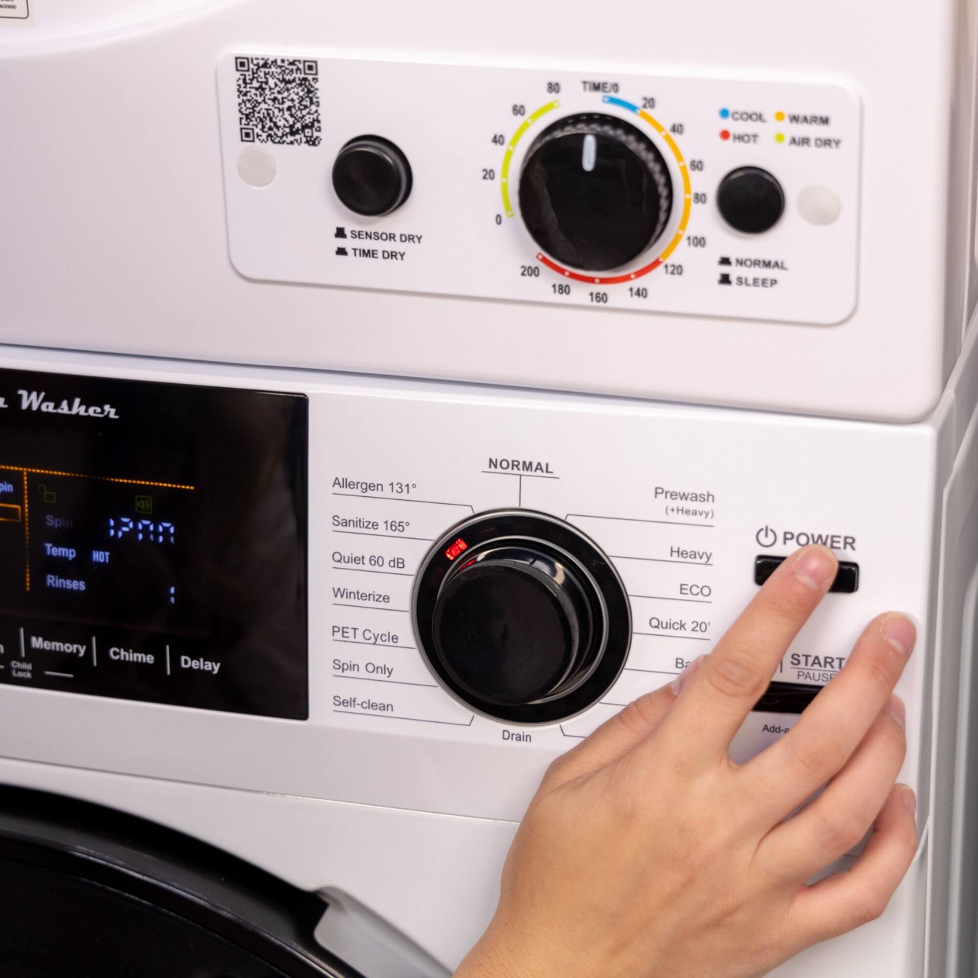 Sure, here is the corrected and grouped text from the image:

---

**Top Section:**

- **SENSOR DRY**
- **TIME DRY**

**Middle Section:**

- **COOL**
- **WARM**
- **HOT**
- **AIR DRY**

- **NORMAL**
- **SLEEP**

**Left Section:**

- **Washer**
- **Spin**
- **Temp**
- **Rinses**

**Right Section:**

- **Allergen 131°**
- **Sanitize 165°**
- **Quiet 60 dB**
- **Winterize**
- **PET Cycle**
- **Spin Only**
- **Self-clean**
- **Memory**
- **Chime**
- **Delay**
- **Prewash**
- **Heavy**
- **ECO**
- **Quick 20'**
- **Drain**

**Bottom Section:**

- **POWER**
- **START PAUSE**
- **Add-e**

**Time Dial:**

- **0 20 40 60 80 100 120 140 160 180 200**

**Temperature Dial:**

-