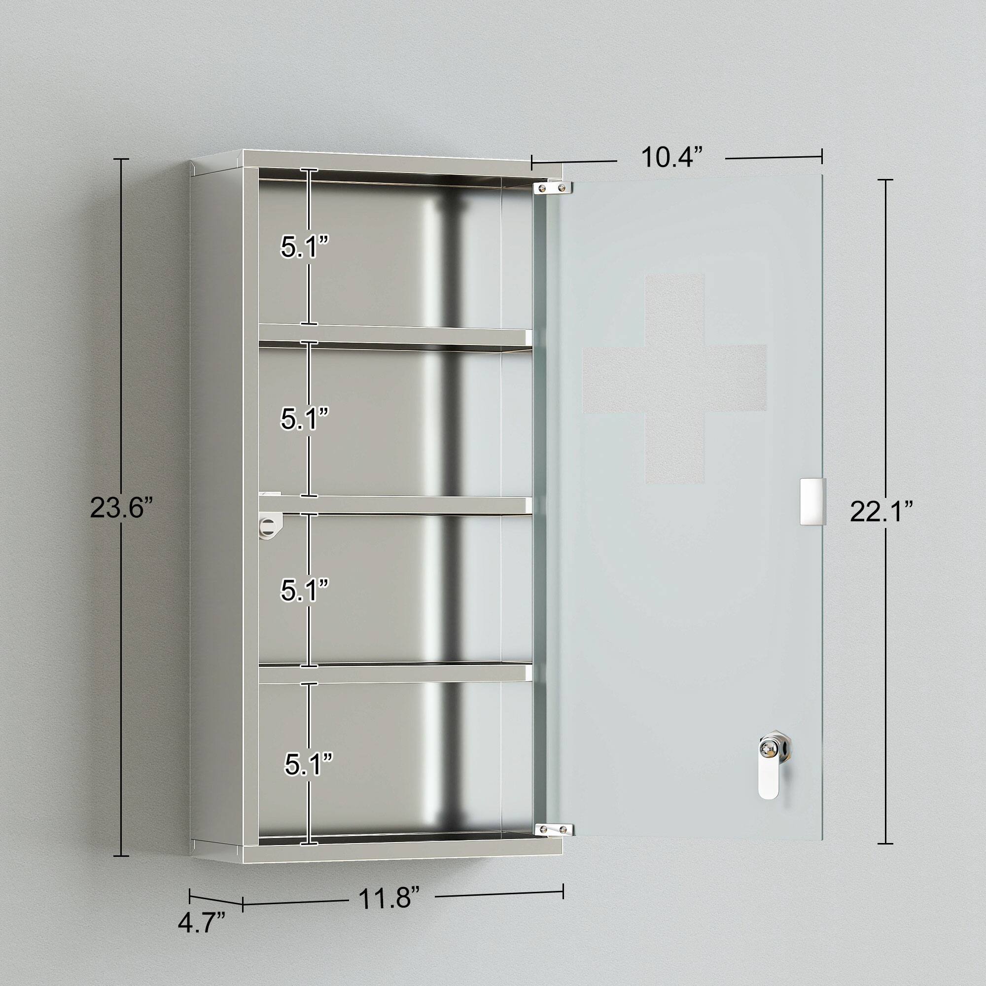 23.6" H x 22.1" W x 11.8" D

- 5.1" (shelf height) x 4 shelves
- 10.4" (shelf depth)
- 4.7" (front protrusion)