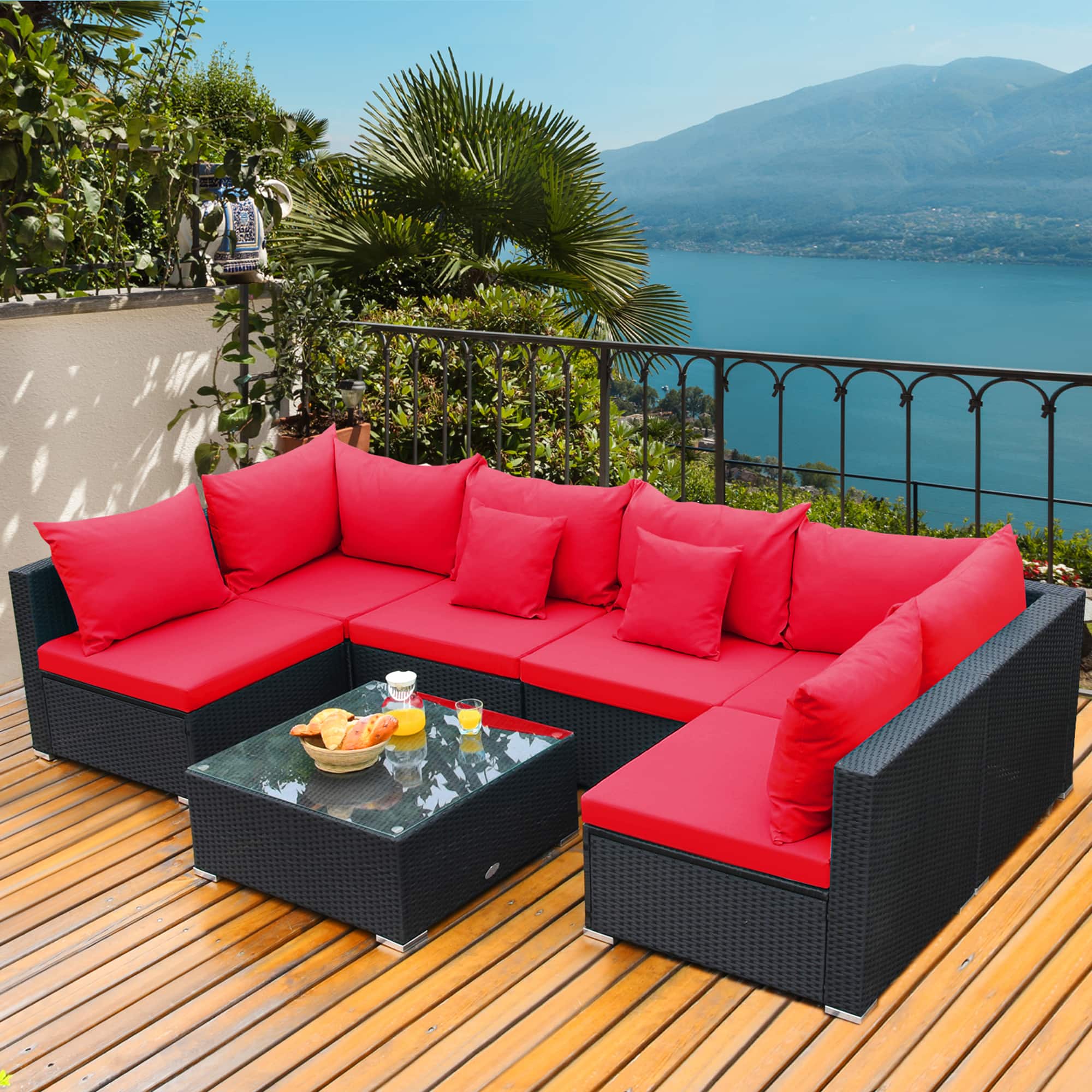 Gymax - 7PCS Rattan Patio Conversation Set Sectional Furniture Set w/ Cushion - Red
