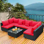 Front. Gymax - Gymax 7PCS Rattan Patio Conversation Set Sectional Furniture Set w/ Red Cushion - Red.