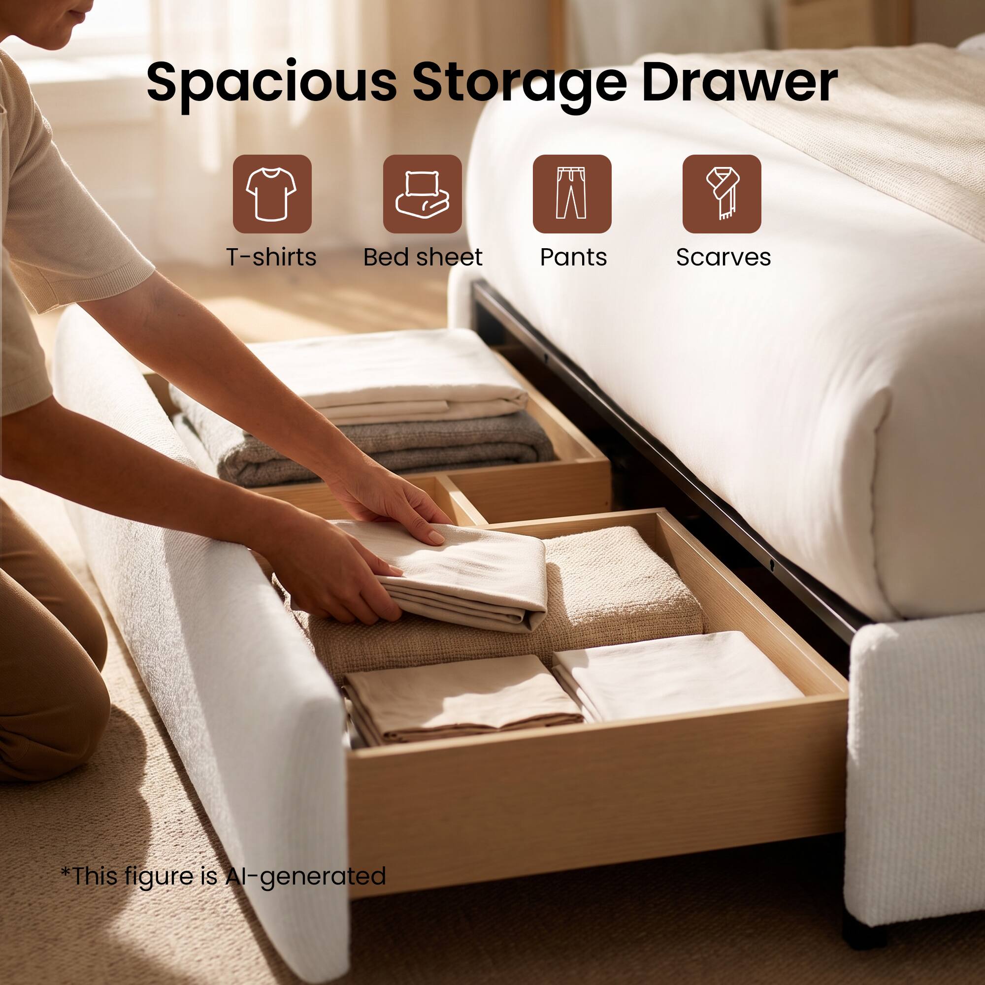 Spacious Storage Drawer

- T-shirts
- Bed sheet
- Pants
- Scarves

*This figure is AI-generated