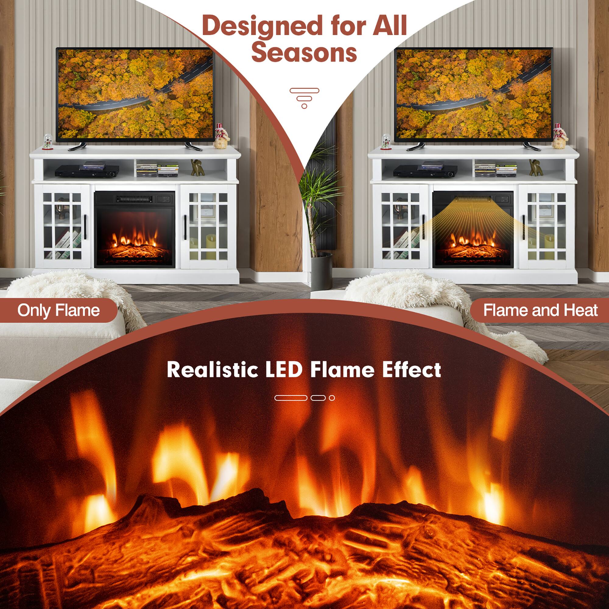 Designed for All Seasons, Realistic LED Flame Effect, Only Flame, Flame and Heat