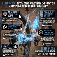 BLUTRON 550: INTERACTIVE DRIVETRAIN EXPLORATION  
- REVEALING MOTOR & POWER DELIVERY  

MOTOR POWER:  
1400W PEAK OUTPUT  
HIGH EFFICIENCY STERLING COSFOP  
PERMANENT MAGNET DIRECT DRIVE SYSTEM  

INSTANT ACCELERATION WITH STEADY POWER  
STEEL BEARINGS FOR INSTANT TORQUE  
ROBUST CONSTRUCTION FOR DEMONSTRABLE DURABILITY  

POWERFUL 48V LITHIUM-ION BATTERY  
BATTERY-ON-BOARD DESIGN (100% DETACHABLE) FOR LONG-LASTING ENERGY  
PAIR WITH THIS  

ADVANCED POWER FLOW MANAGEMENT  
SMART BATTERY MANAGEMENT SYSTEM  
PAIR WITH THIS  

BLUTRON 550:  
MAXIMUM PERFORMANCE, LIMITLESS EXPLORATION