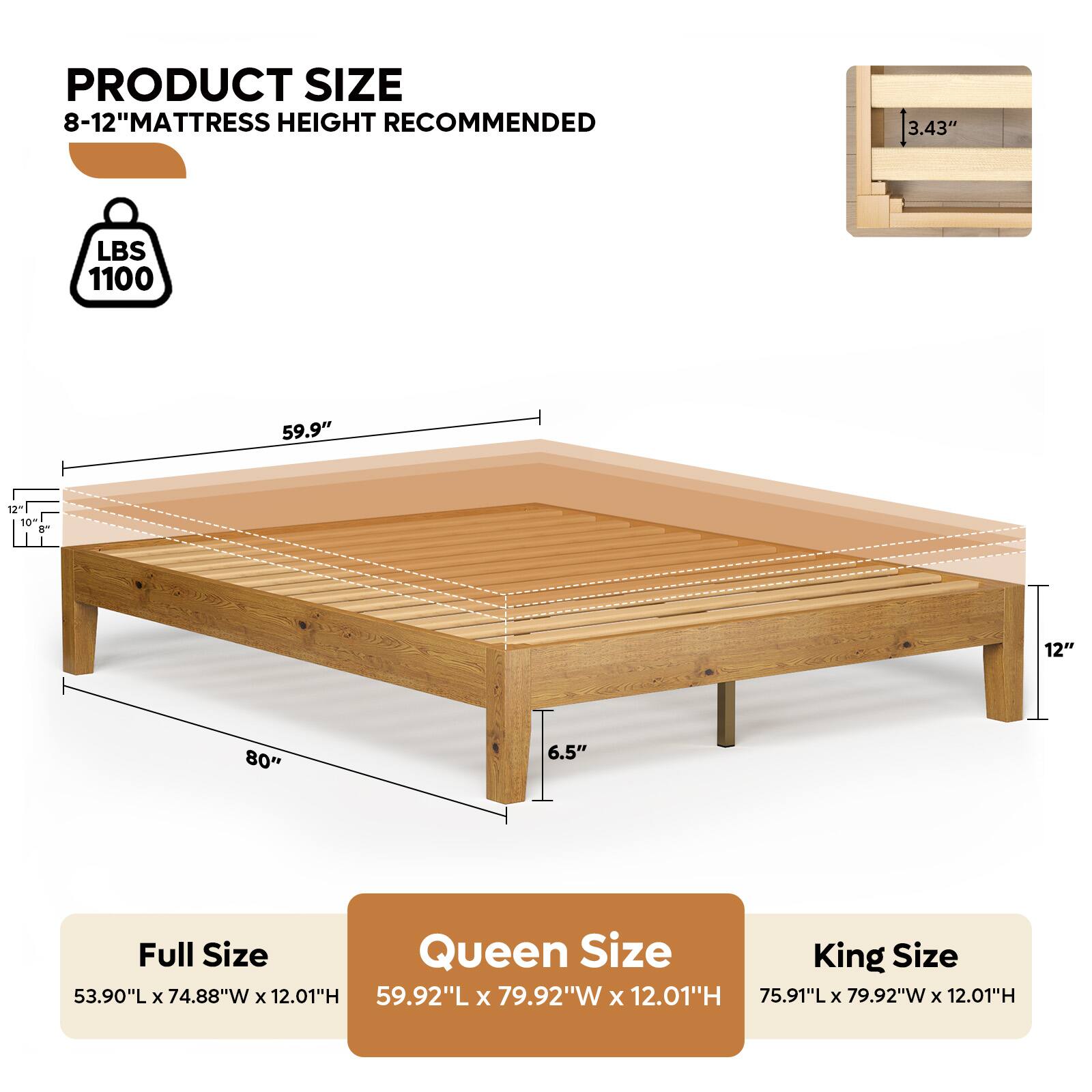 PRODUCT SIZE  
8-12" MATTRESS HEIGHT RECOMMENDED  

LBS 1100  

Full Size  
53.90"L x 74.88"W x 12.01"H  

Queen Size  
59.92"L x 79.92"W x 12.01"H  

King Size  
75.91"L x 79.92"W x 12.01"H  

59.9"  
80"  
6.5"  
12"  
3.43"