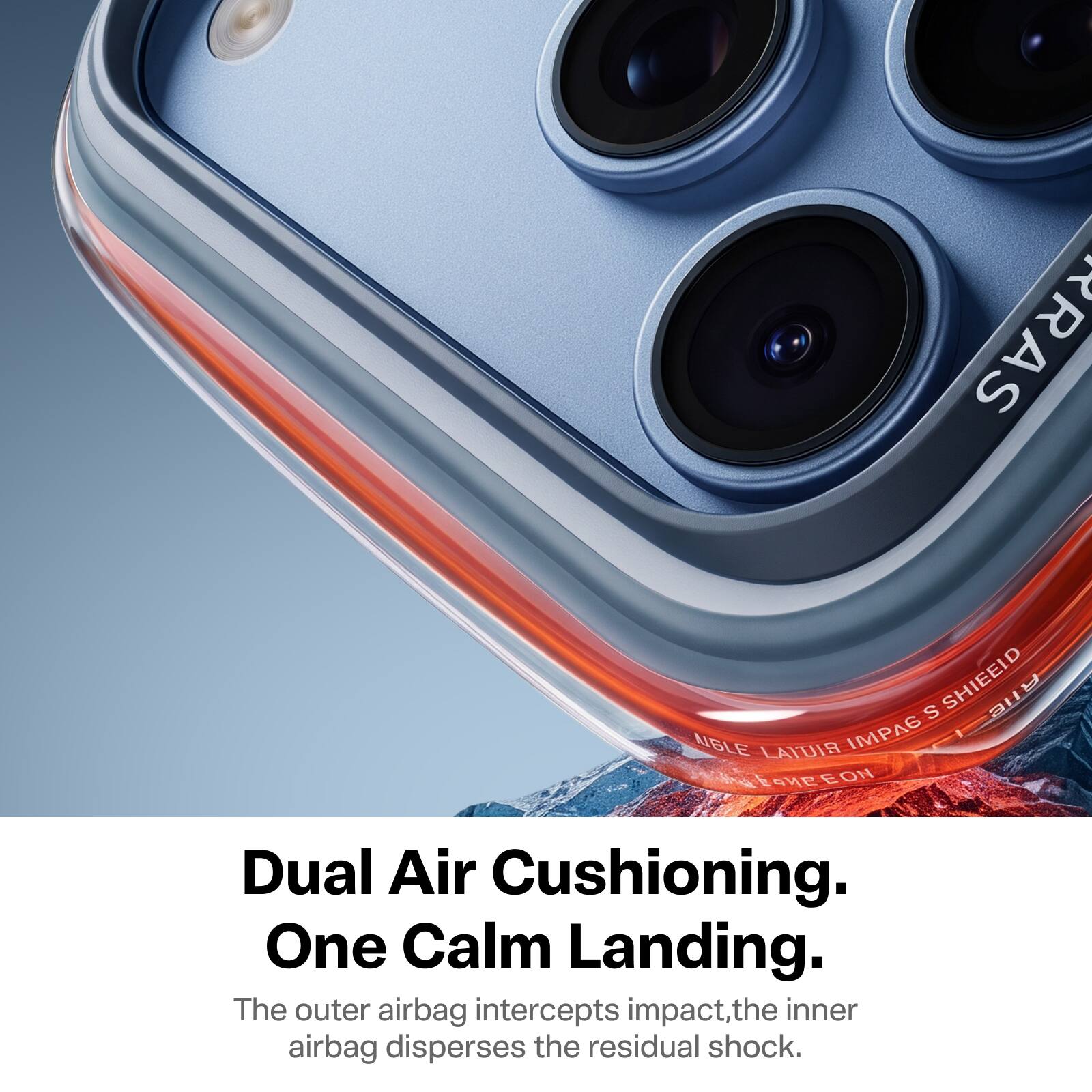Dual Air Cushioning. One Calm Landing. The outer airbag intercepts impact, the inner airbag disperses the residual shock.