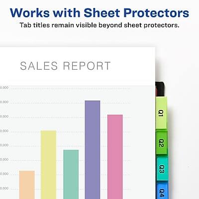Works with Sheet Protectors  
Tab titles remain visible beyond sheet protectors.  

SALES REPORT  
0.000  
0,000 0,000  
Q1  
0,000 0,000 0,000 0.000 0,000  
Q2 Q3 Q4