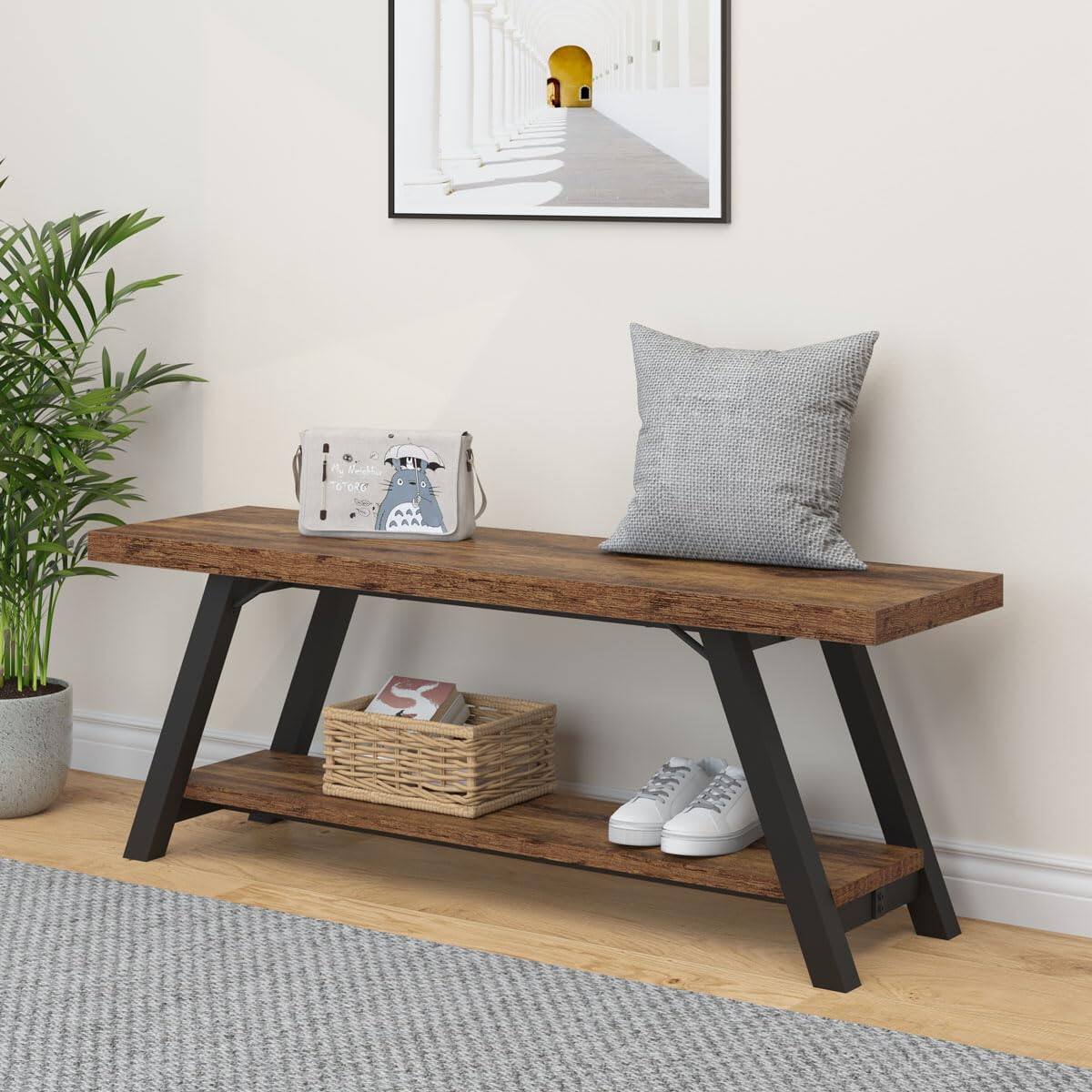 Back. JETRANSPORT - Wood Bench Industrial Storage Entryway Indoor For Bedroom Hallway Living Room Rustic Famhouse Wooden Metal - Light Grey Oak.