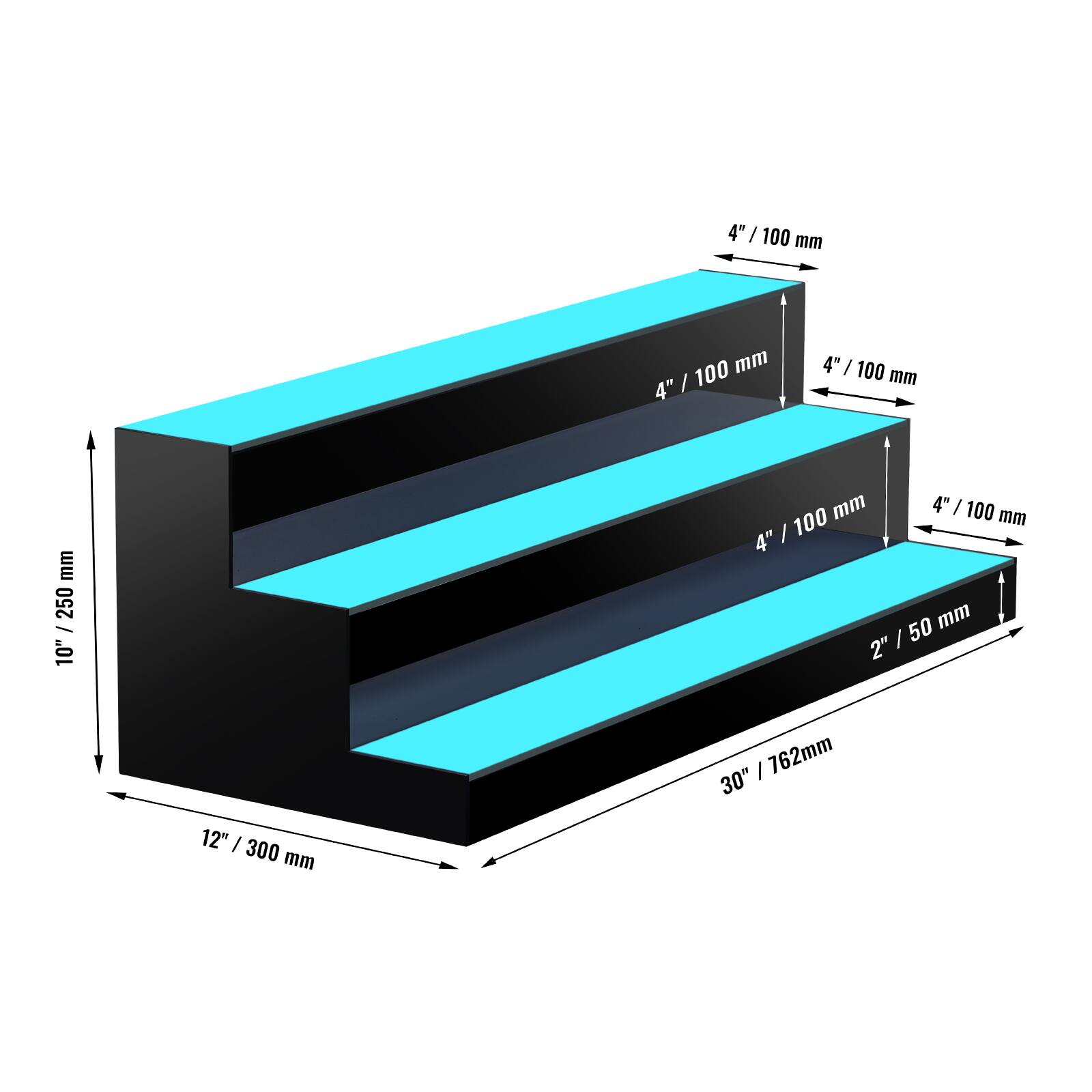 - 4" / 100 mm
- 4" / 100 mm
- 4" / 100 mm
- 2" / 50 mm
- 10" / 250 mm
- 30" / 762 mm
- 12" / 300 mm